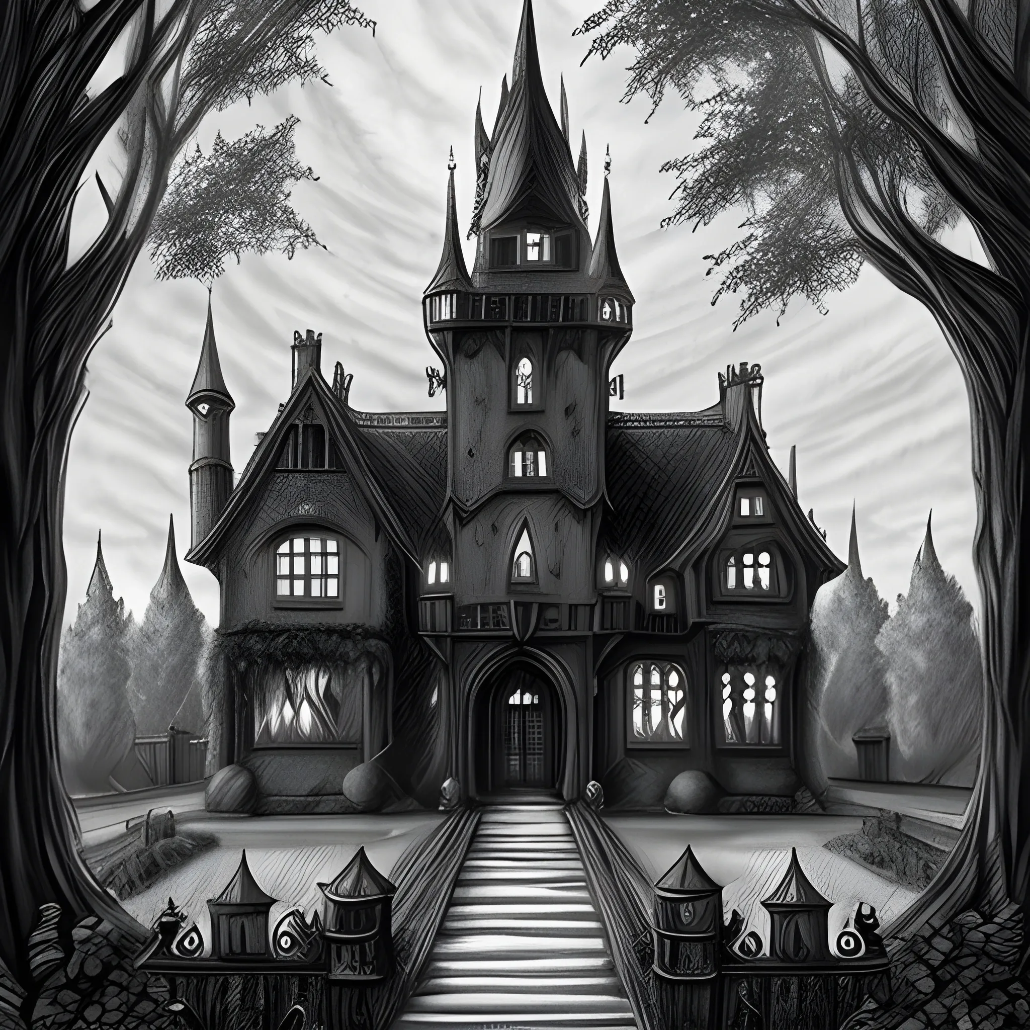 Dark manor. Mythical and sexy. black. surrounded by a park with large trees. Fantasy medieval. Much Ivy and Laterns. Black Gate., Pencil Sketch