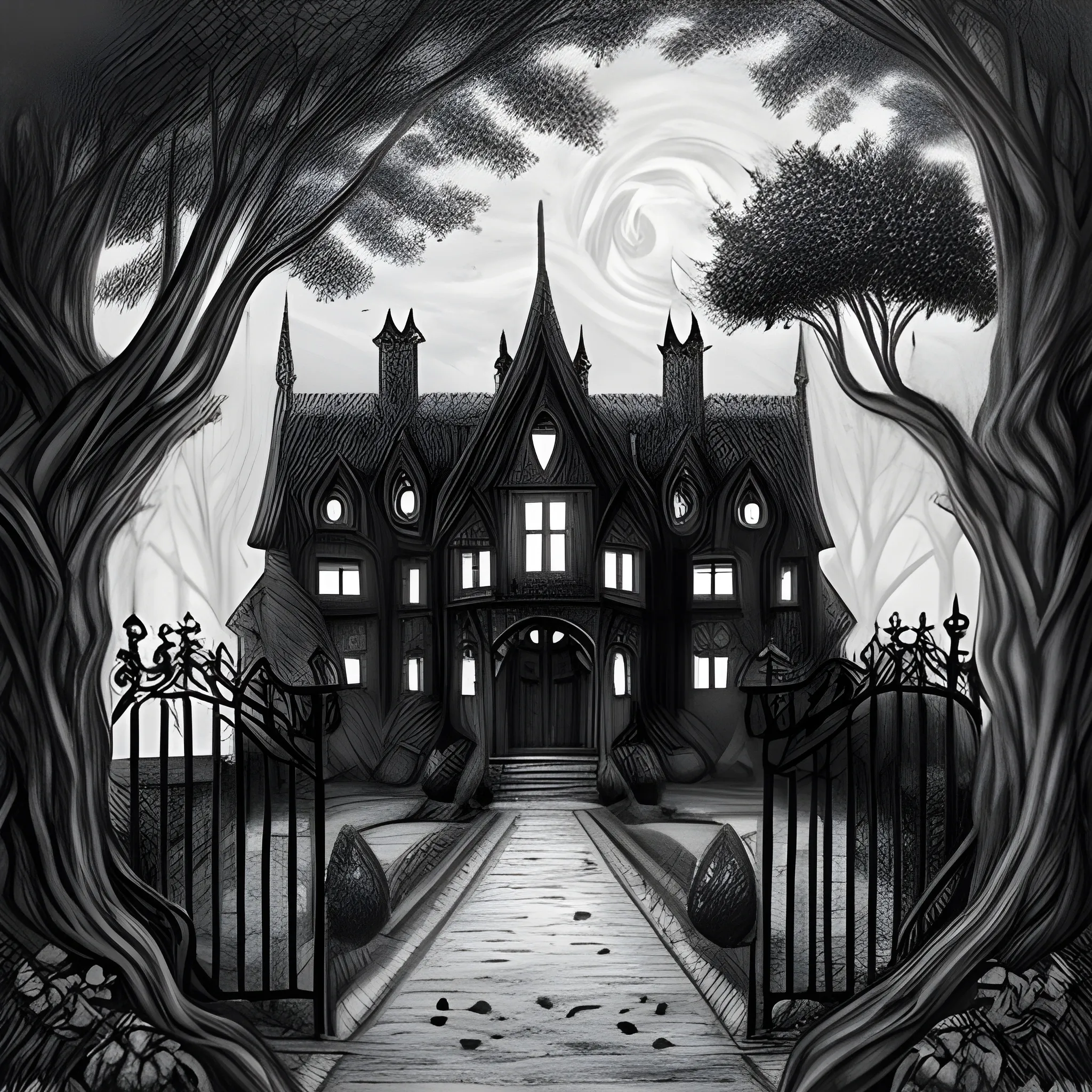 Dark manor. Mythical and sexy. black. surrounded by a park with large trees. Fantasy medieval. Much Ivy and Laterns. Black Gate., Pencil Sketch