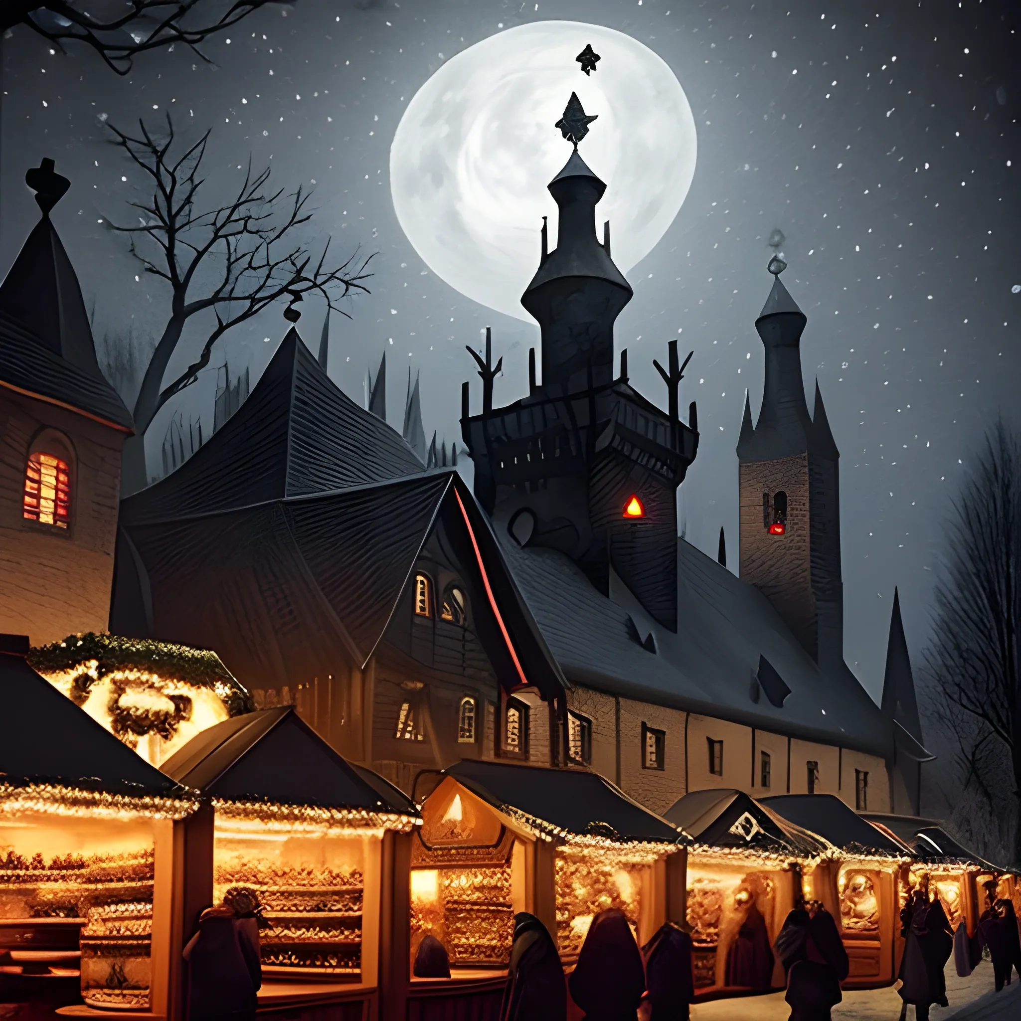 Scary, dark christmas market with black laterns and candles. Medieval. Fantasy. 