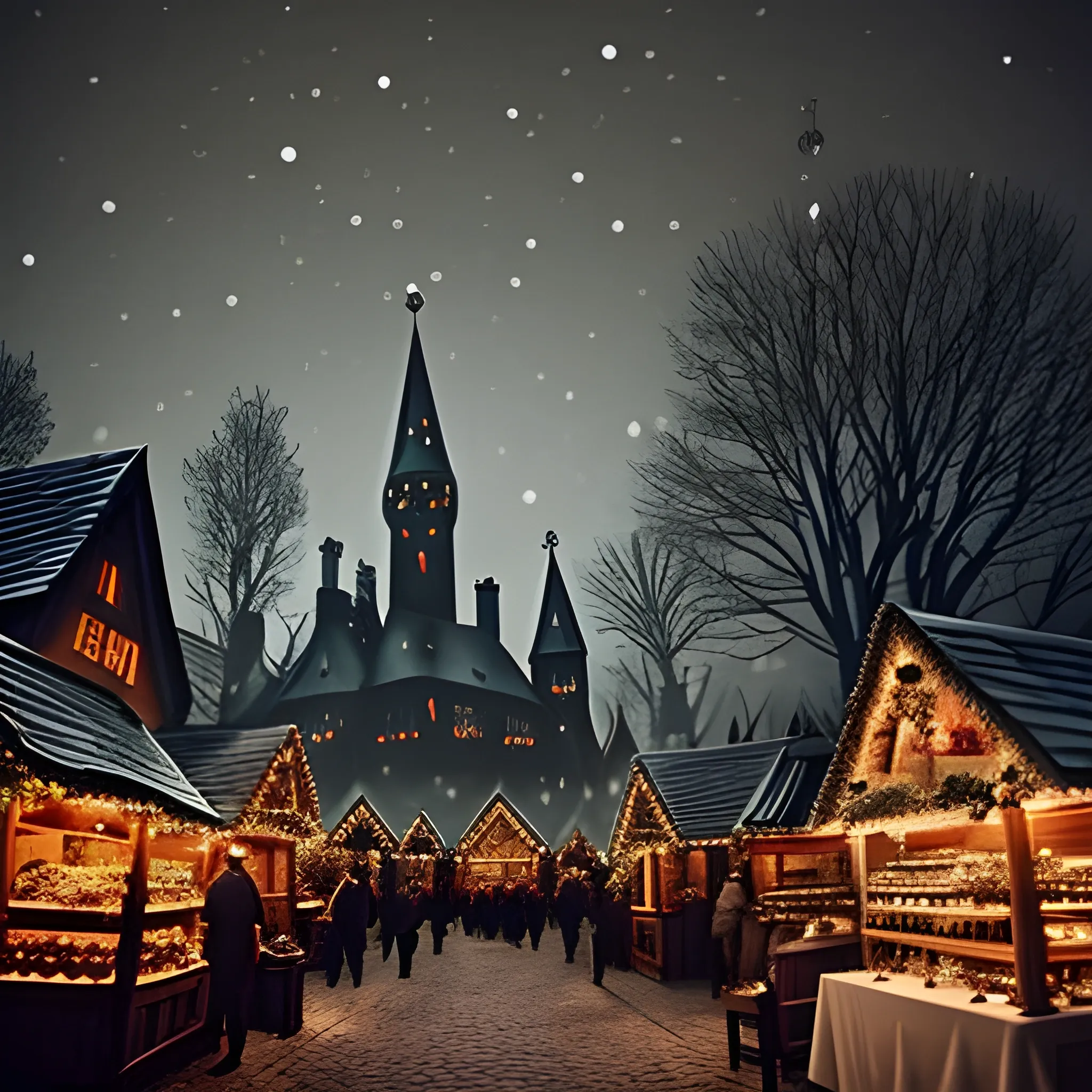 Scary, dark christmas market with black laterns and candles. Medieval. Fantasy. 