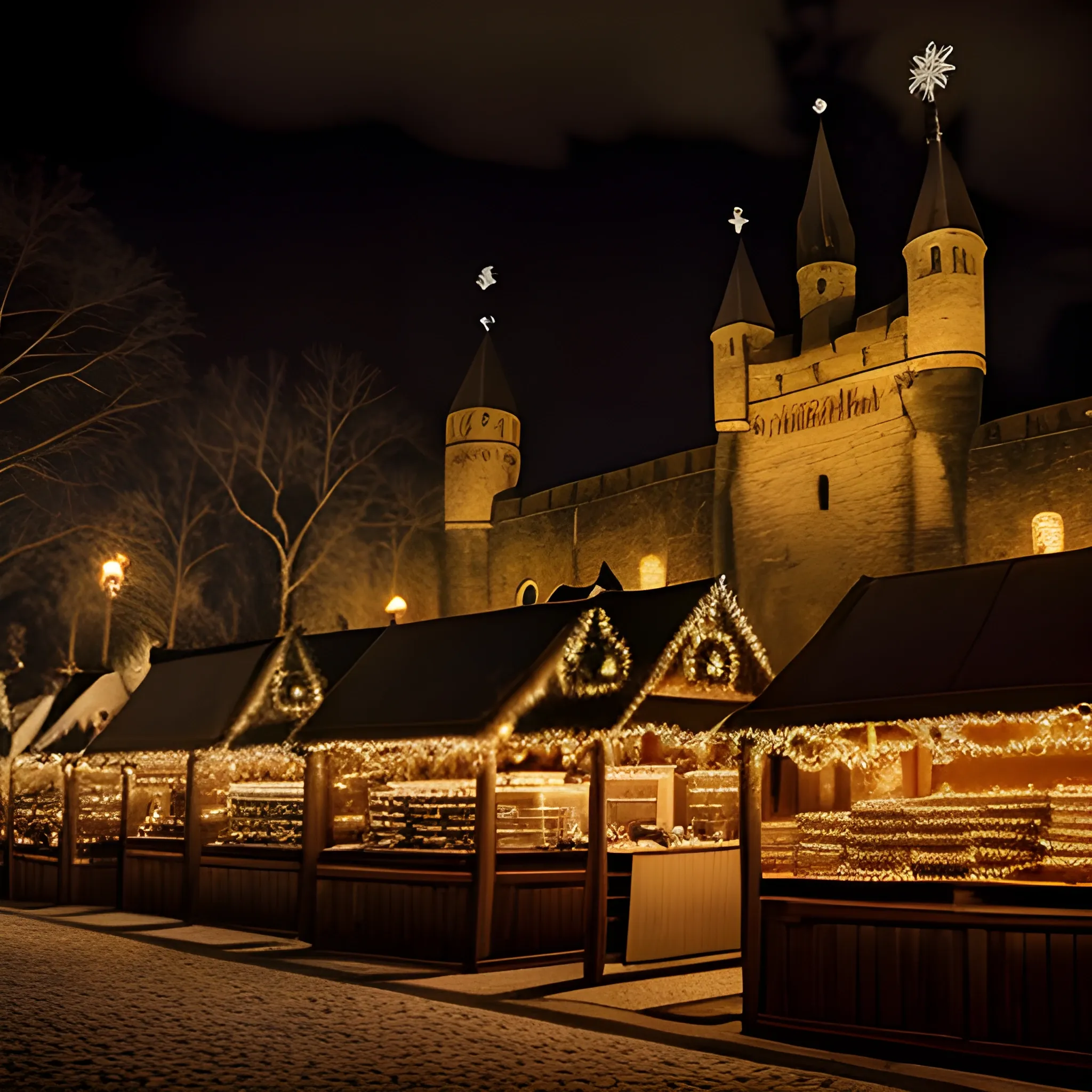 Scary, dark christmas market with black laterns and candles. Medieval. Fantasy. southern hemisphere. City wall in background.