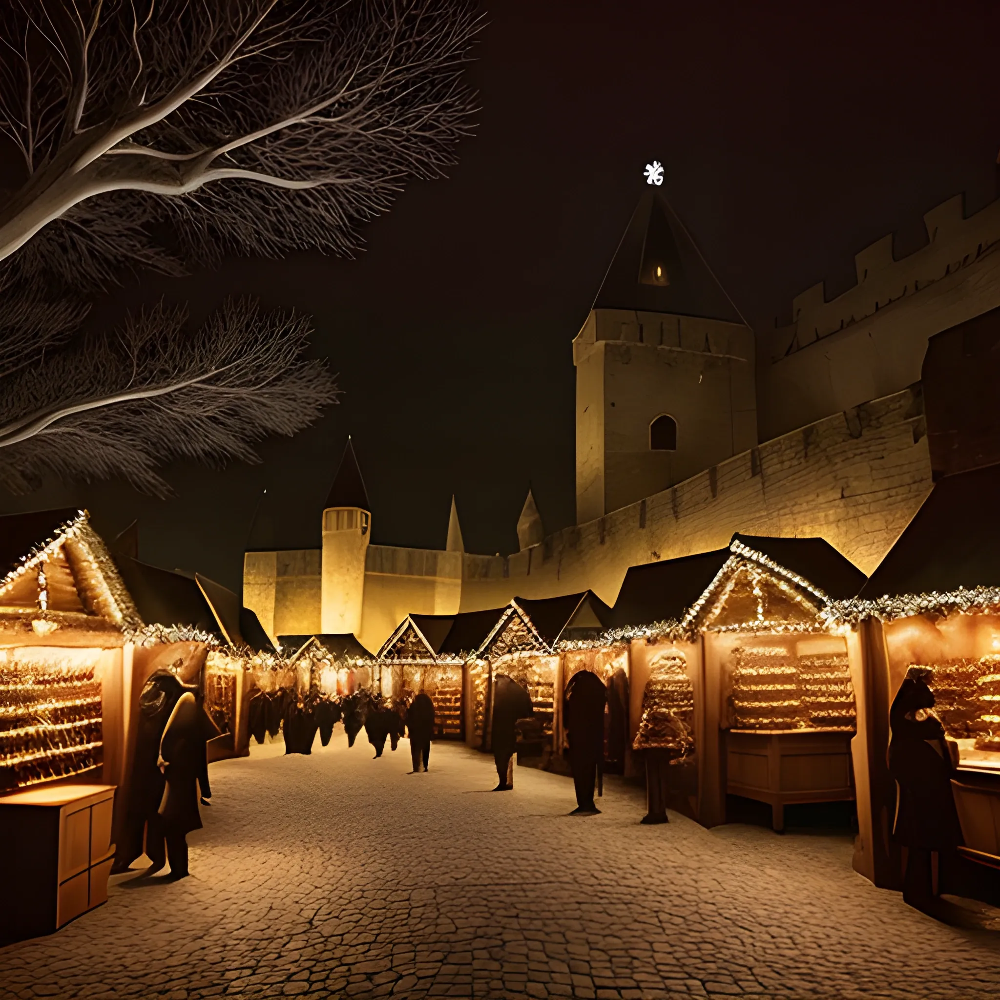 Scary, dark christmas market with black laterns and candles. Medieval. Fantasy. southern hemisphere. City wall in background. shadows.