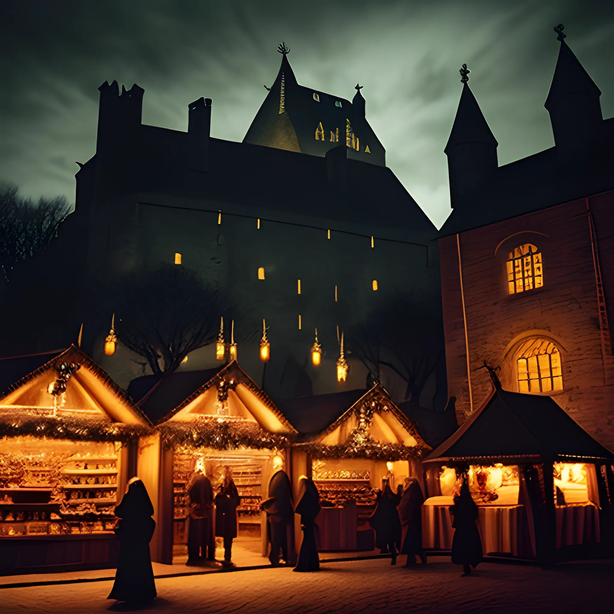 Scary, dark christmas market with black laterns and candles. Medieval. Fantasy. southern hemisphere. City wall in background. shadows. Swords. Horses.