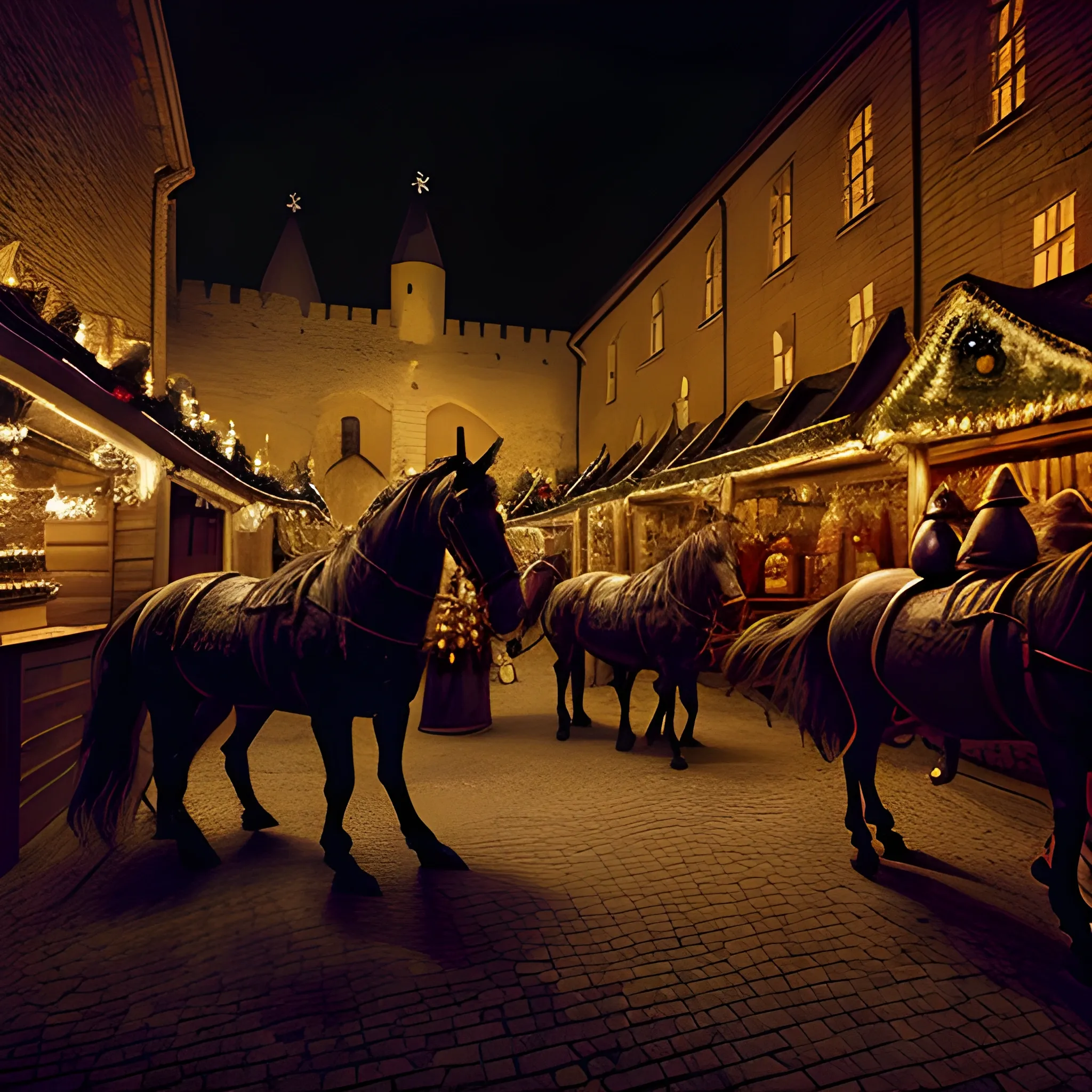 Scary, dark christmas market with black laterns and candles. Medieval. Fantasy. southern hemisphere. City wall in background. shadows. Swords. Horses. Opera. Hooded.