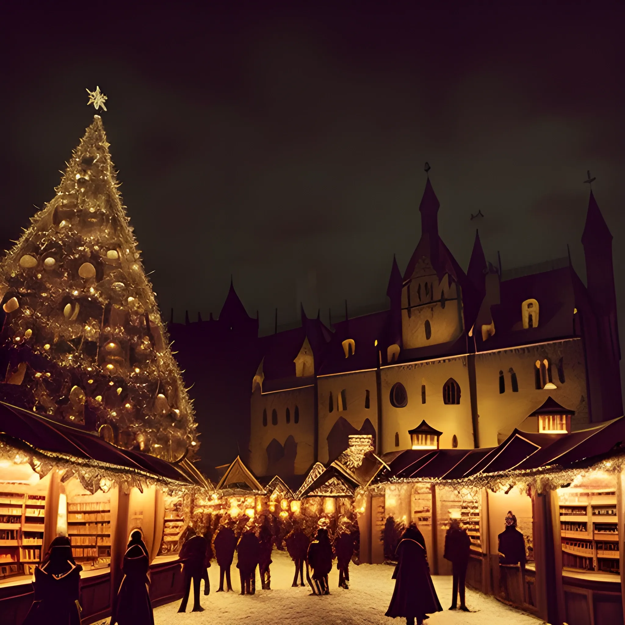 Scary, dark christmas market with black laterns and candles. Medieval. Fantasy. southern hemisphere. City wall in background. shadowy figures. Swords. Horses. Opera. Hooded. Lots of Books and a christmas tree with twinkling lights.