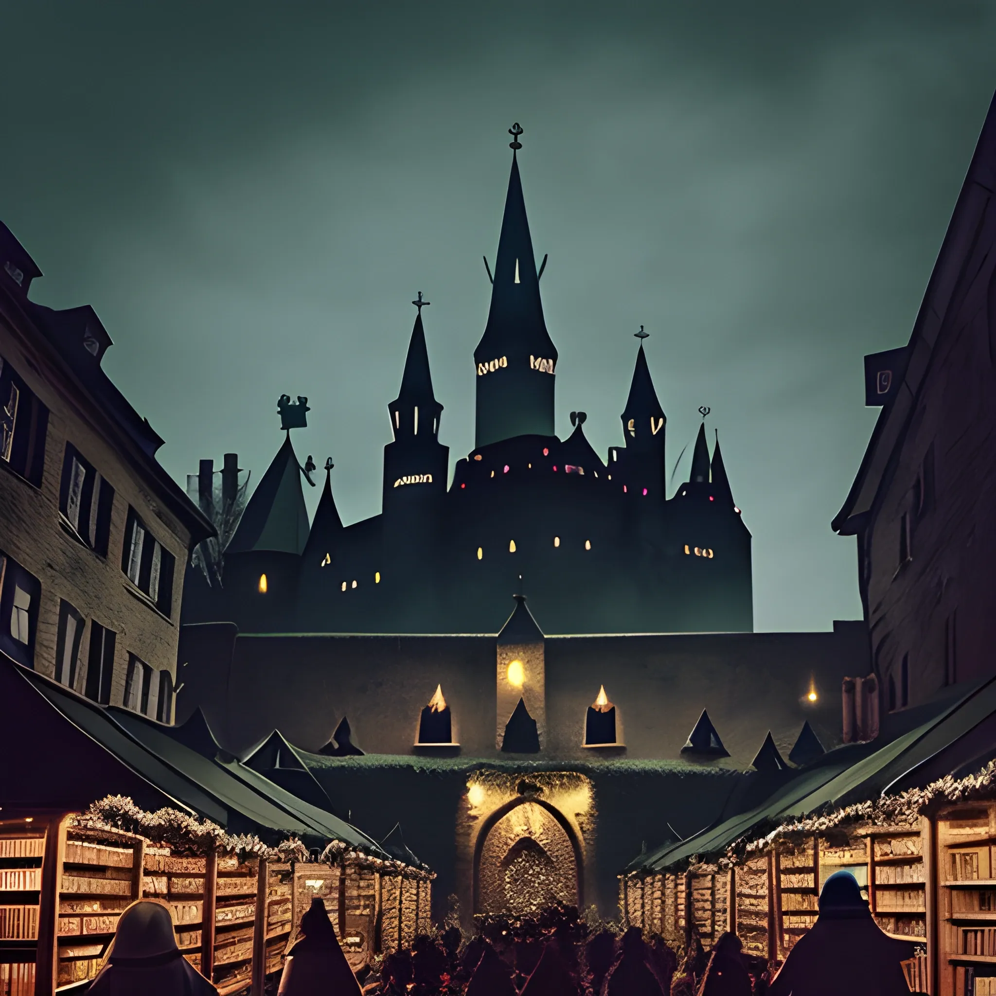 Scary, dark christmas market with black laterns and candles. Medieval. Fantasy. southern hemisphere. City wall in background. shadowy figures. Swords. Horses. Opera. Hooded. Lots of Books and a huge, green tree with twinkling lights.