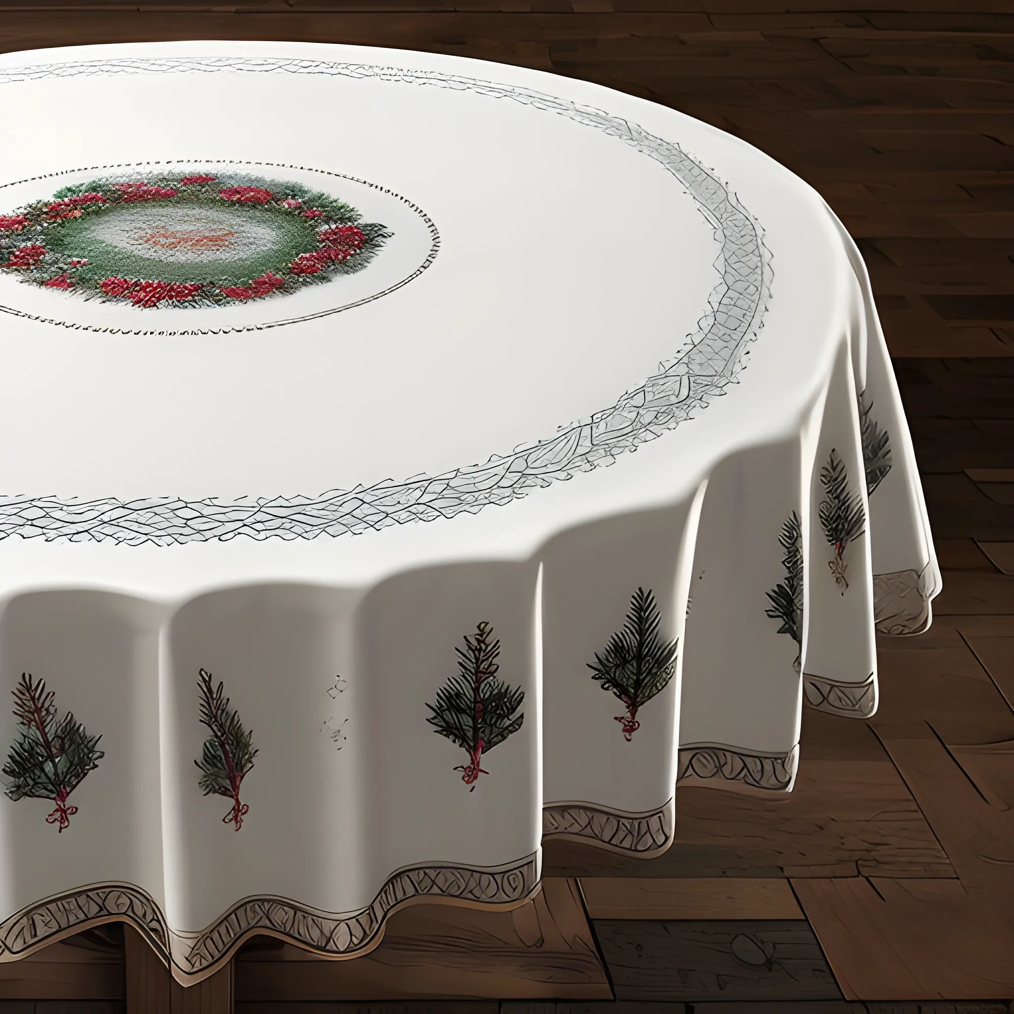 full shape of embroidered round tablecloth with a thick stitch, embroidered edges depicts a winter landscape. extremely detailed, hyper-realistic, high resolution, incredibly realistic and detailed expressions 