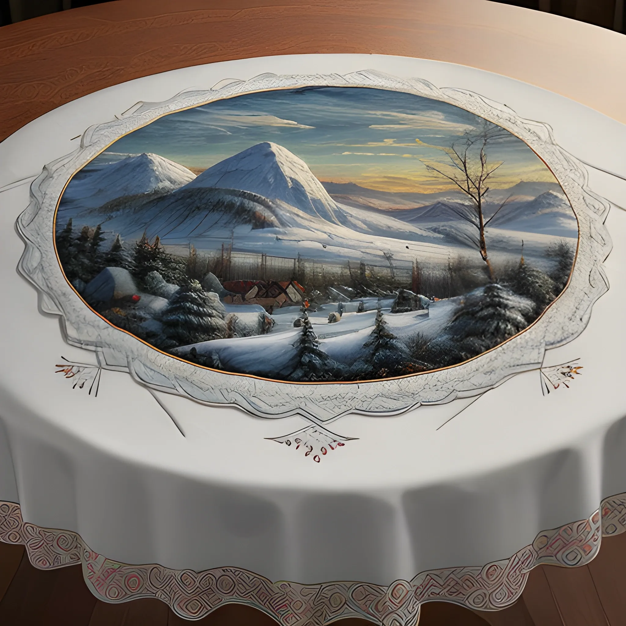 full shape of embroidered round tablecloth with a thick stitch, embroidered edges depicts a winter landscape. extremely detailed, hyper-realistic, high resolution, incredibly realistic and detailed expressions 