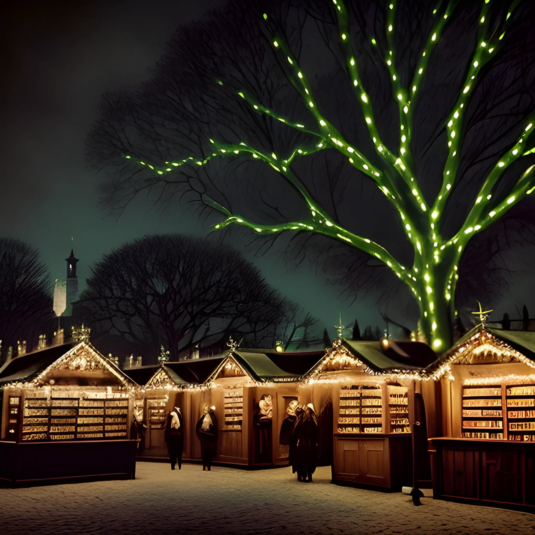 Scary, dark christmas market with black laterns and candles. Medieval. Fantasy. southern hemisphere. City wall in background. shadowy figures. Swords. Horses. Opera. Hooded. Lots of Books and a huge, green tree with twinkling lights.