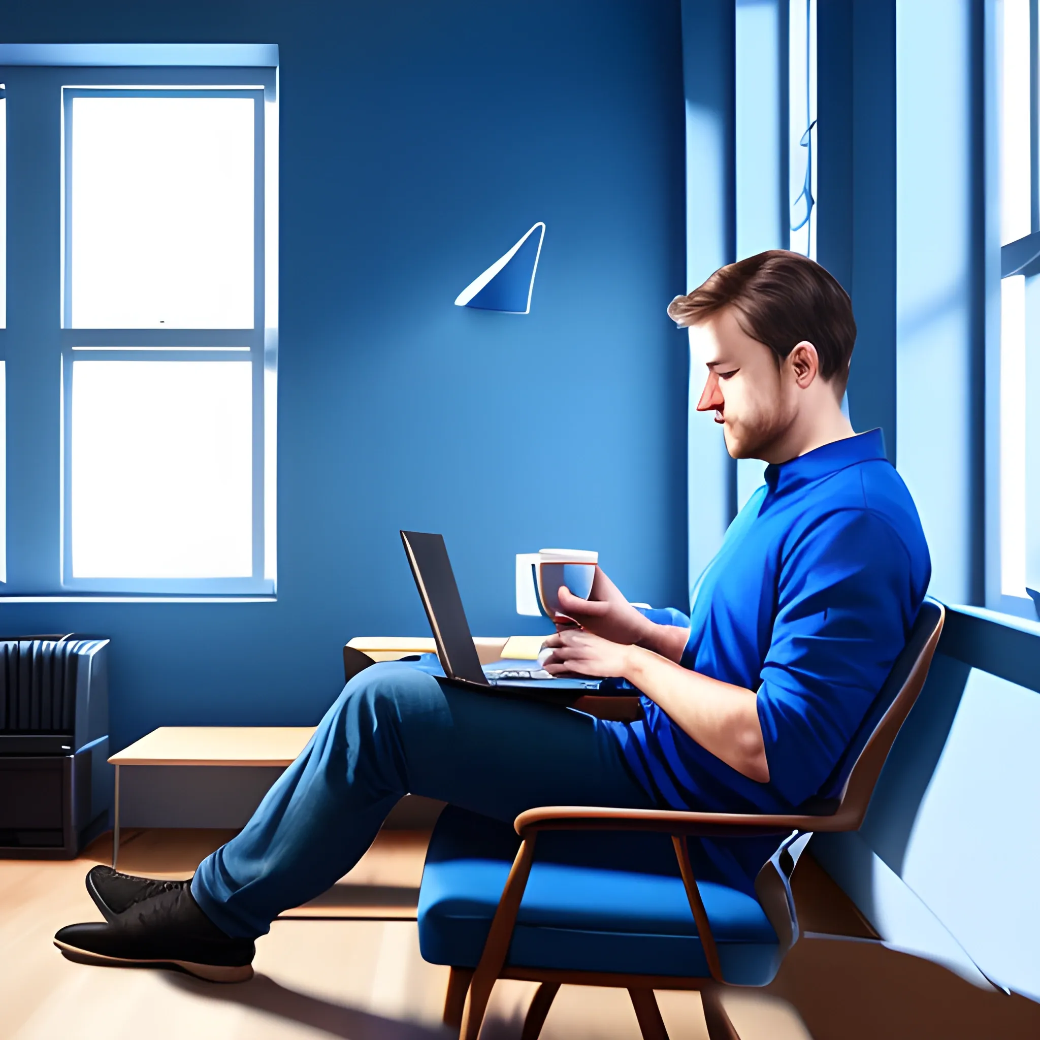 Someone programming in Dart on a laptop and enjoying a cup of coffee in a blue room.