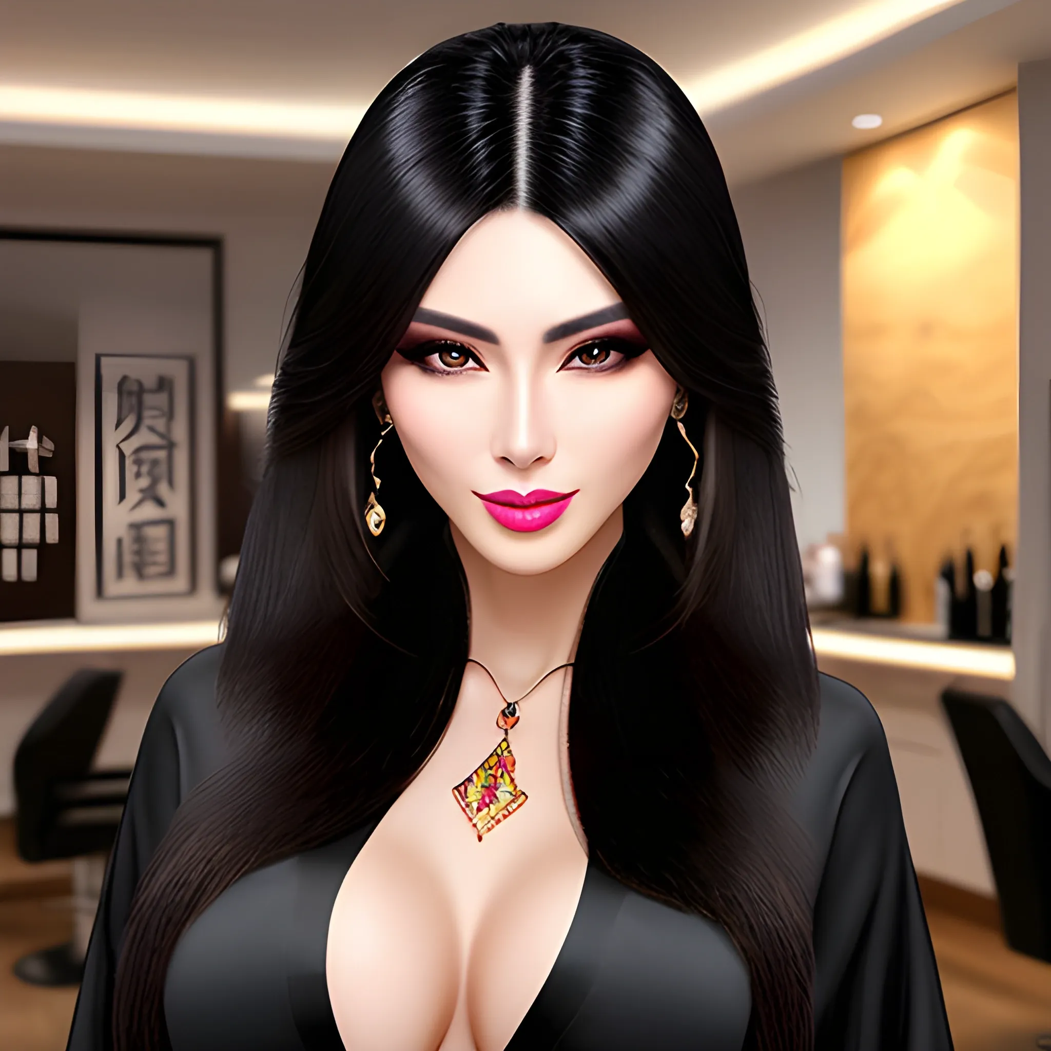 good hand, 4k, best quality, chinese, in the salon, getting hair wash, simple outfit, sharp focus, soft lighting, skinny, enormous breasts, 1girl, jewelry, earrings, long hair, black hair, extremely messy hair