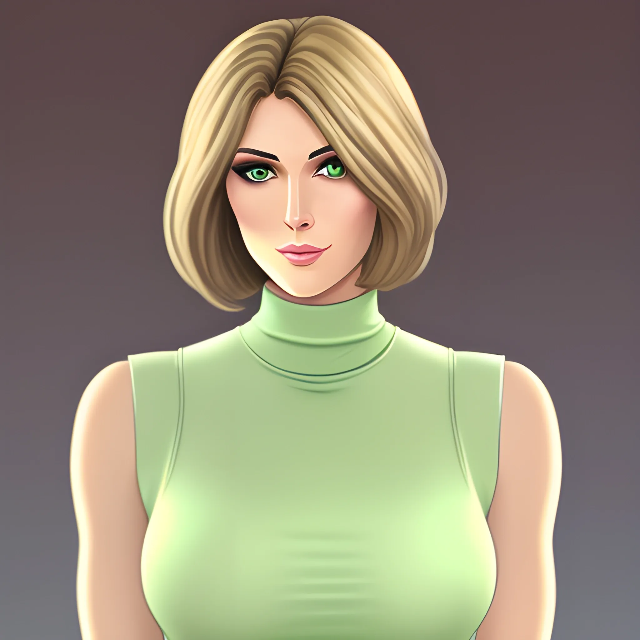 Draw of a Young woman, around 25 years old, doctor, chanel haircut, light brown hair, green eyes, soft expression, small nose, she's wearing a pastel soft (((pink))) turtleneck sleeveless tight t-shirt, dark green pantallon pants and a white doctor's coat, she has a small model-like figure and a slim fit phisique, (((perfect hands: 1.4))), ((fair skin)) ((almond perfect eyes))