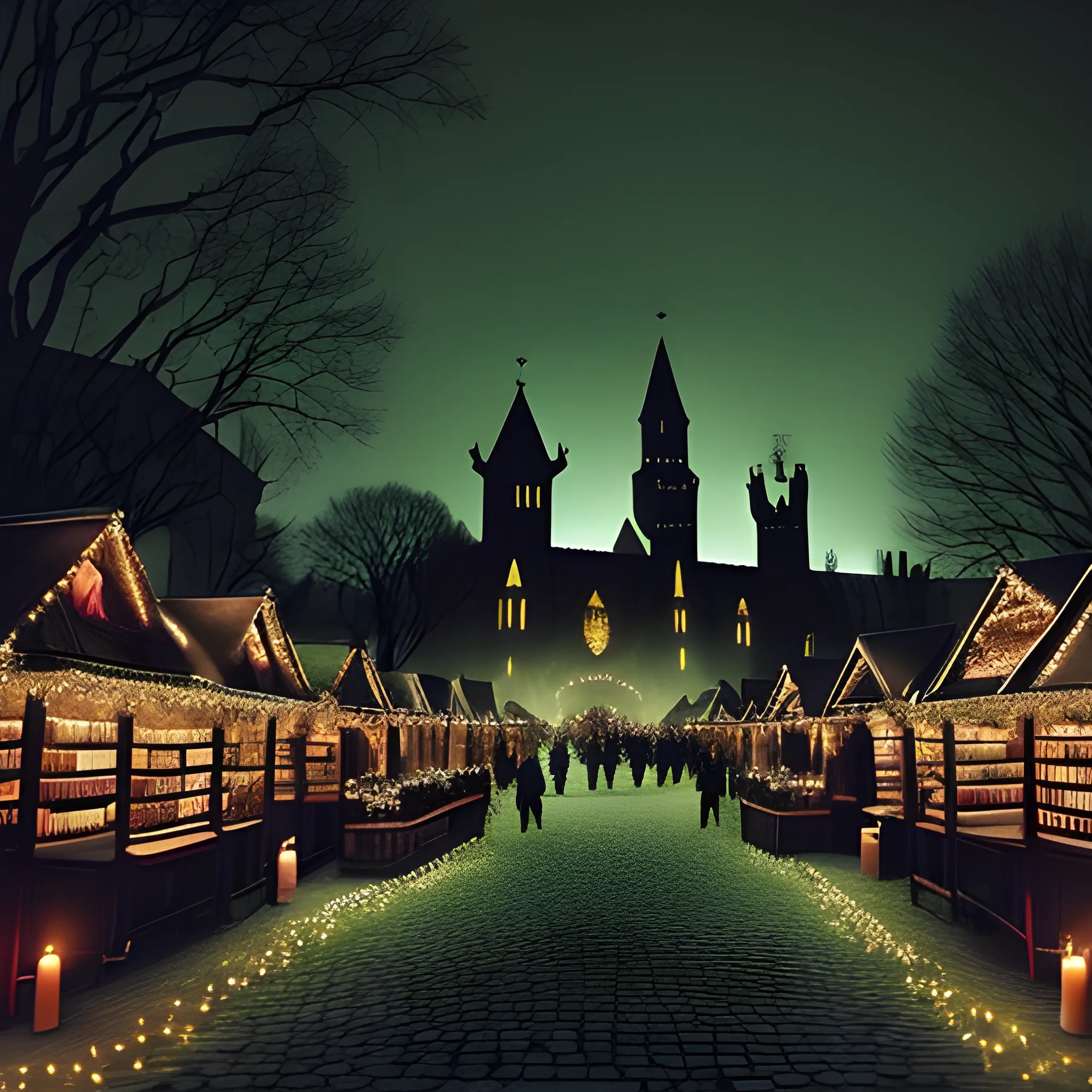 Scary, dark christmas market with black laterns and candles. Medieval. Fantasy. southern hemisphere. City wall in background. shadowy figures. Swords. Horses. Opera. Hooded. Lots of Books and a huge, green tree with twinkling lights.