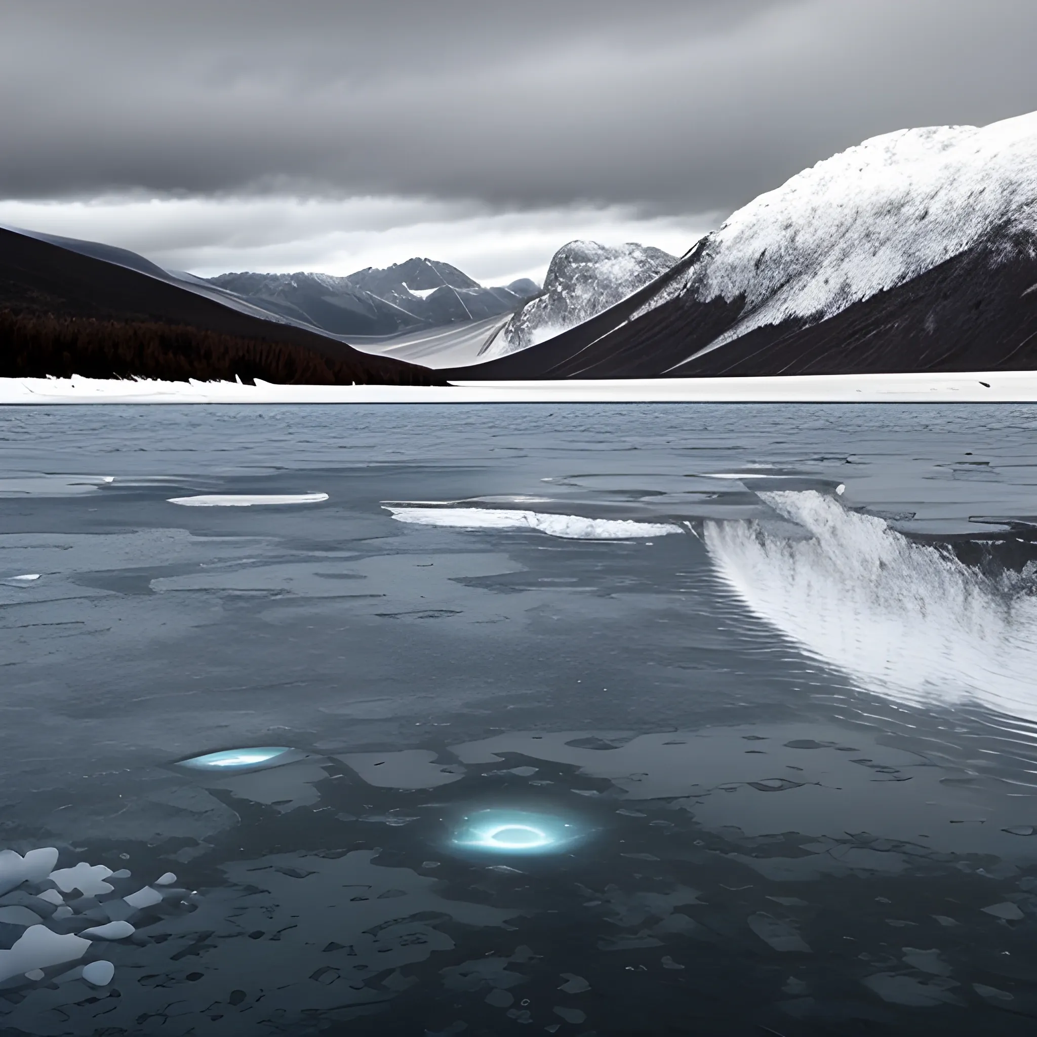 Shiny winter lake at foot of mountains. holes in the icy surface, fire places at the shore. grey skies.