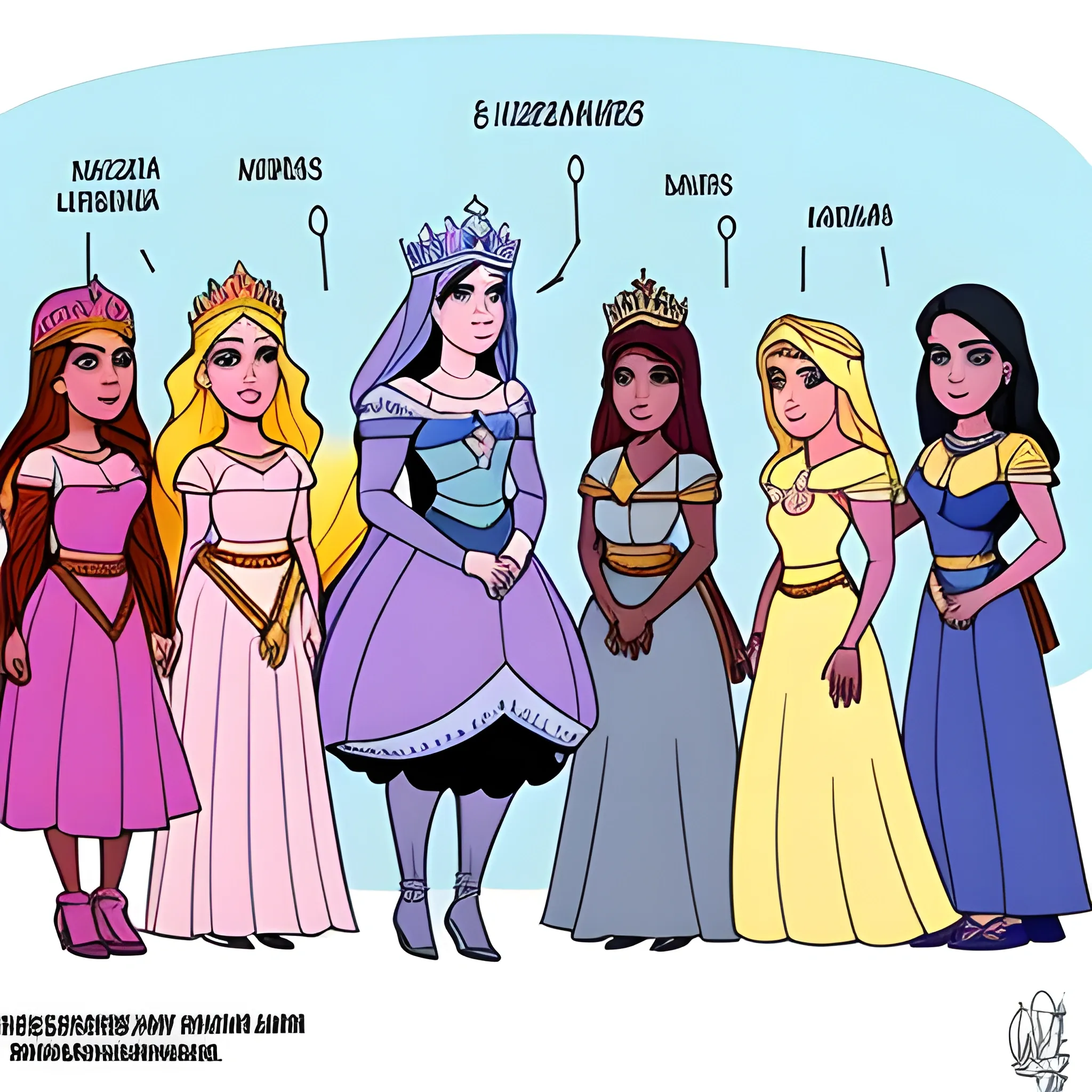 princesas junto com bruxas e madrastas em confraternização, Cartoon