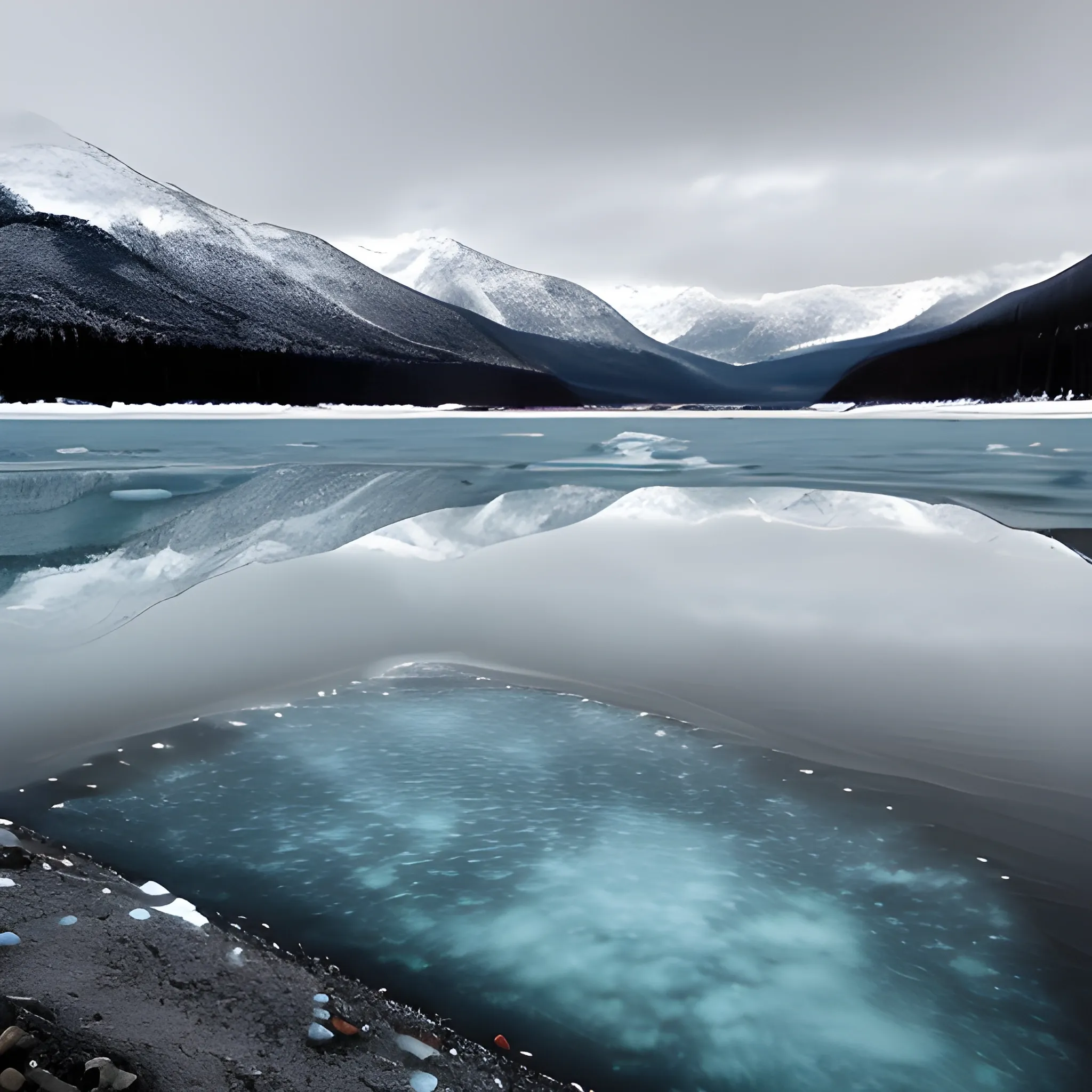 Shiny winter lake at foot of mountains. holes in the icy surface, fire places at the shore. grey skies.