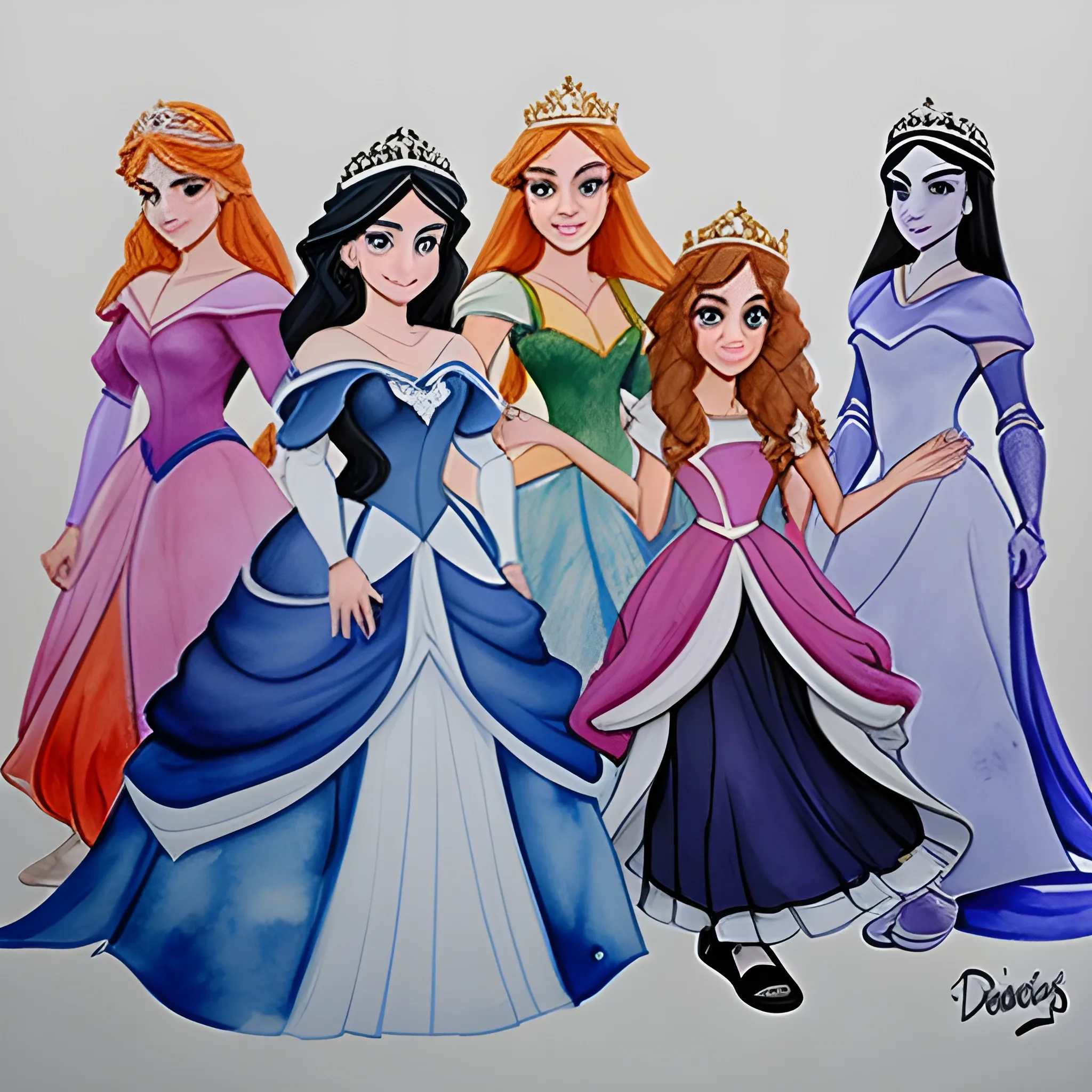 desenho de princesas, bruxas e madrastas da Disney em confraternização, Water Color