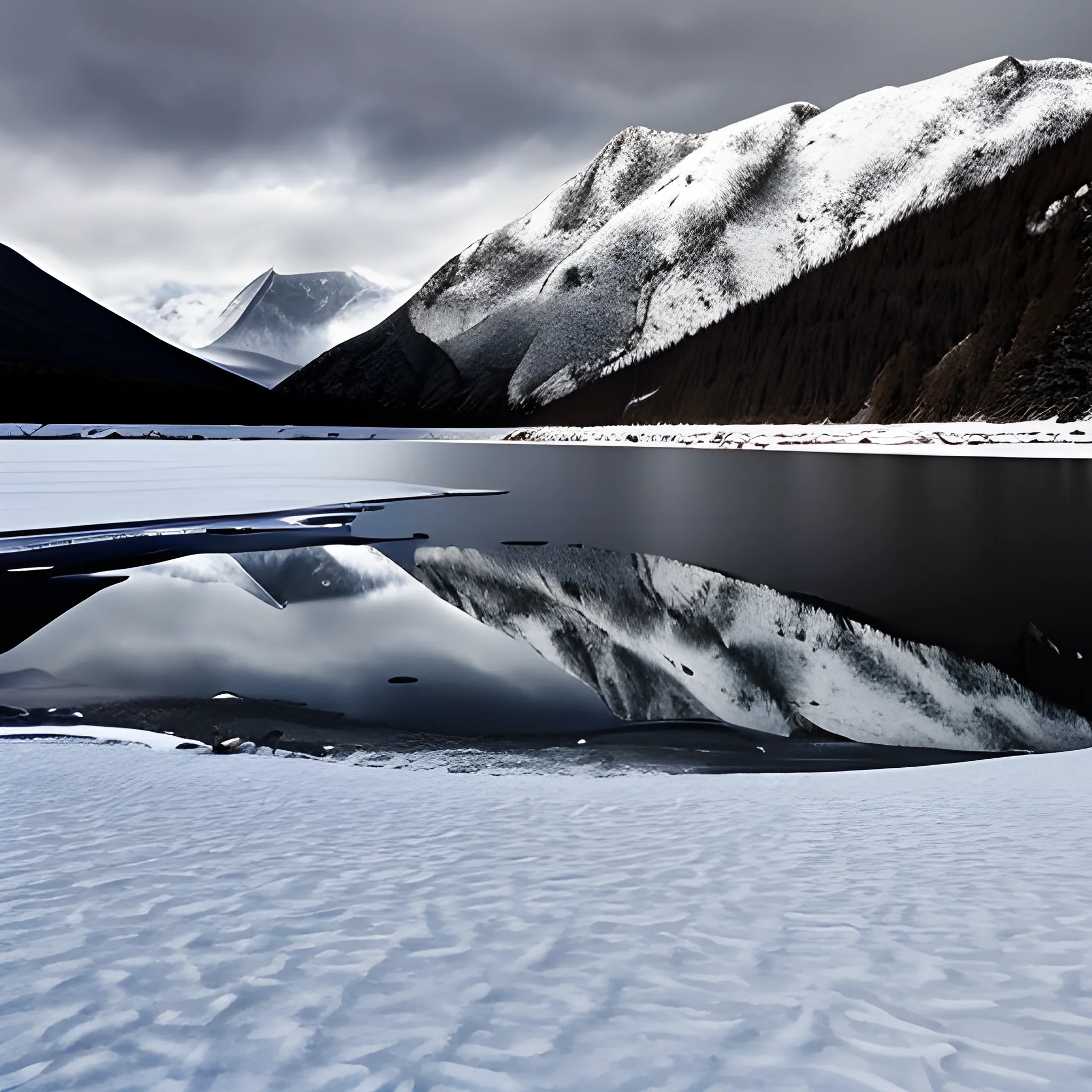 Shiny winter lake at foot of mountains. holes in the icy surface, fire places at the shore. grey skies. fire.