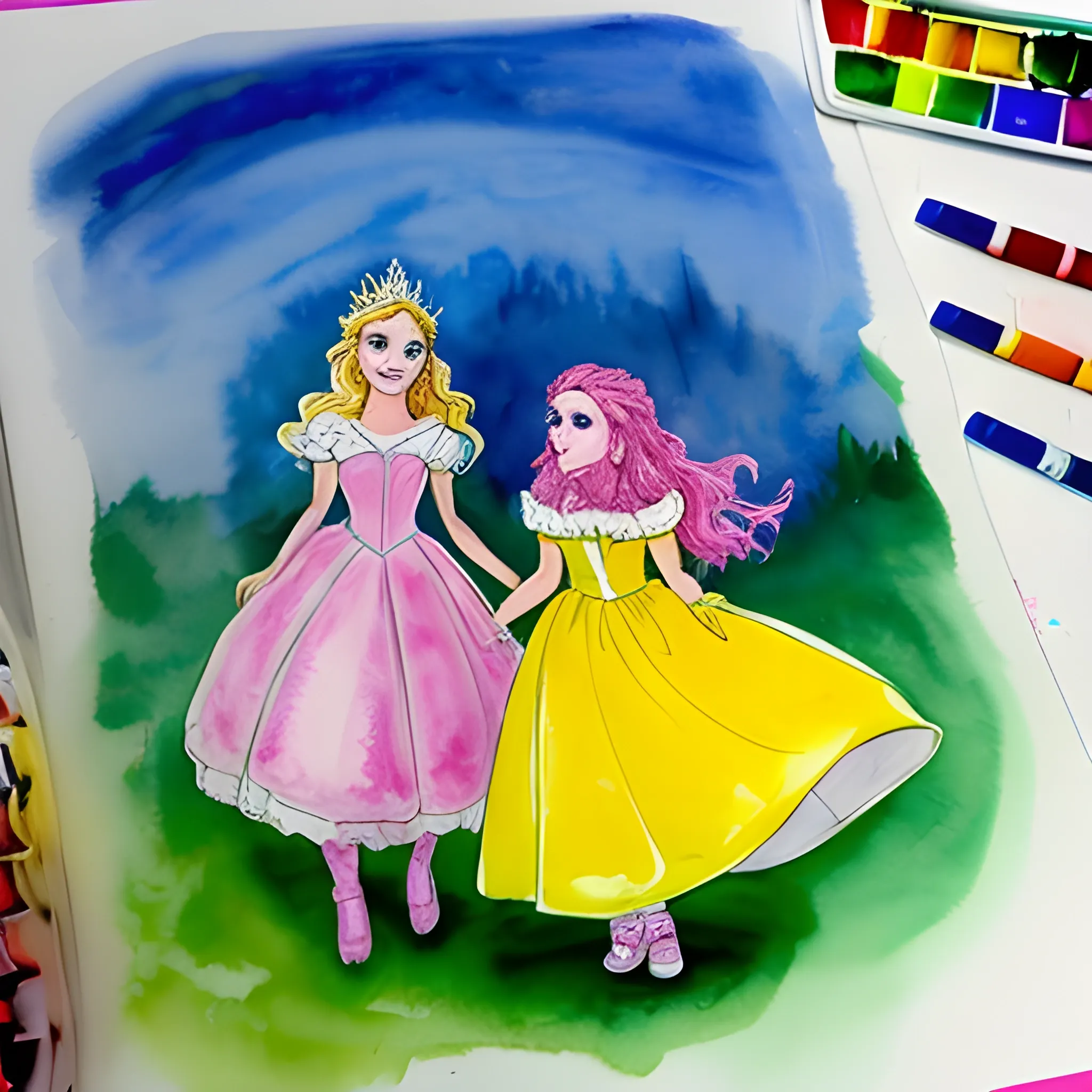 desenho da princesa Aurora junto com bruxa Malévola comemorando aniversário de crianças, Water Color