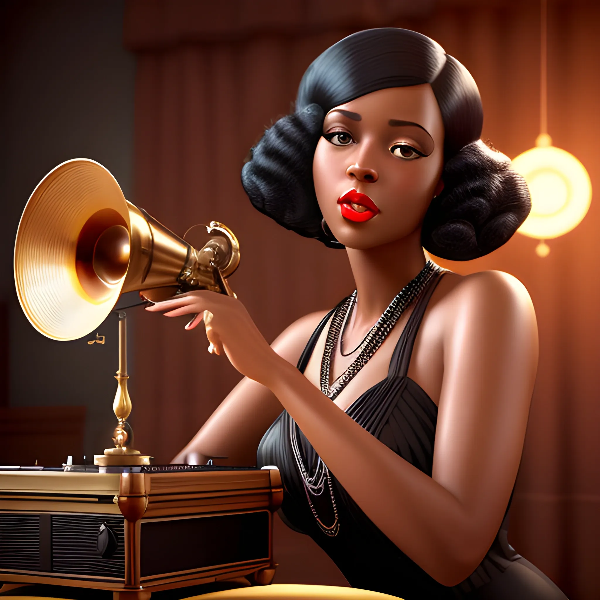 hyper realistic, ultra UHD 4K resolution, medium sized woman, light chocolate skin, MEDIUM black hair, sexy 1920s cocktail outfit, listening to a phonograph. vintage, 3d, photo, realistic