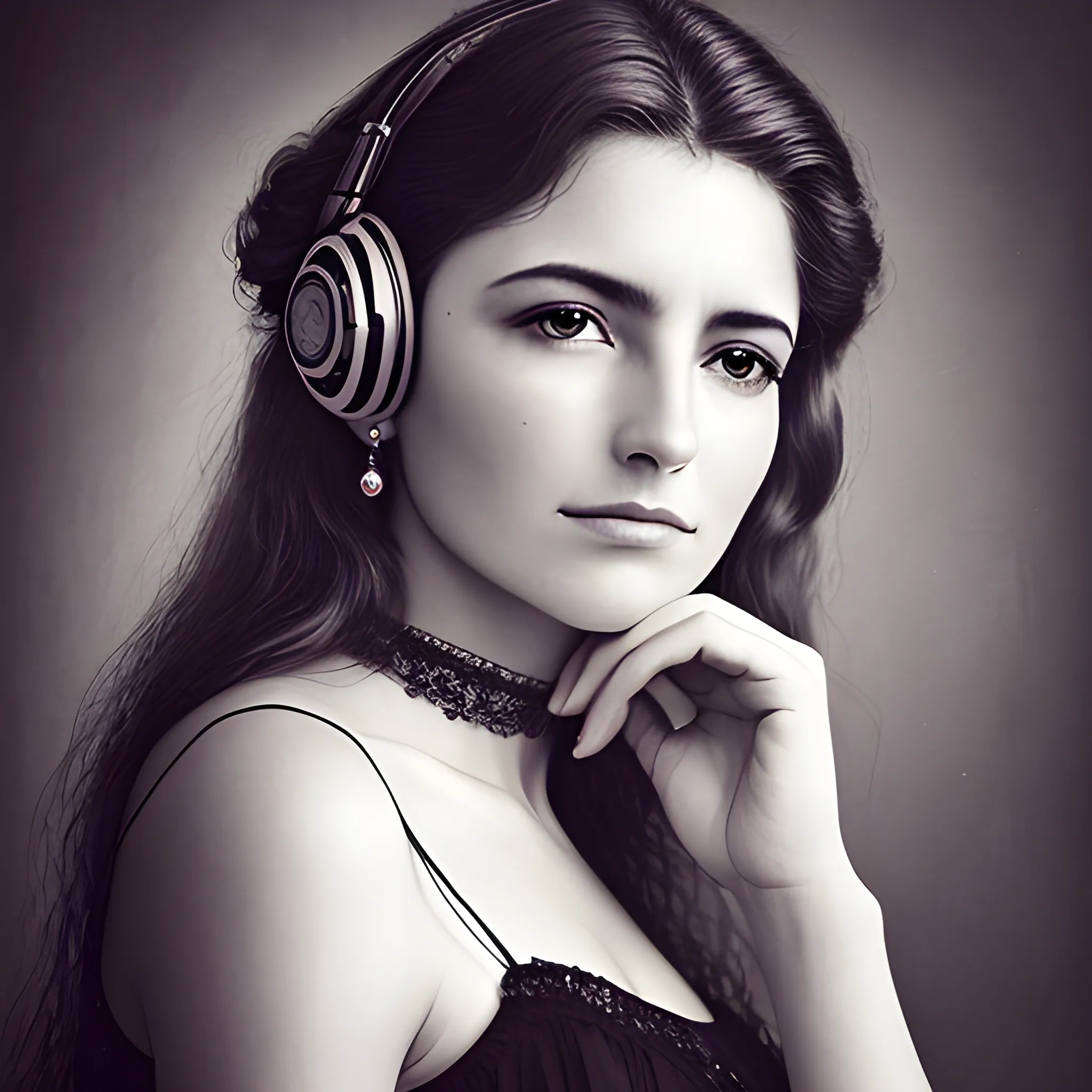 Retrato de mujer hermosa escuchando un fonografo en los años 20, tonos grises, solemne y elegante, fotografía profesional.