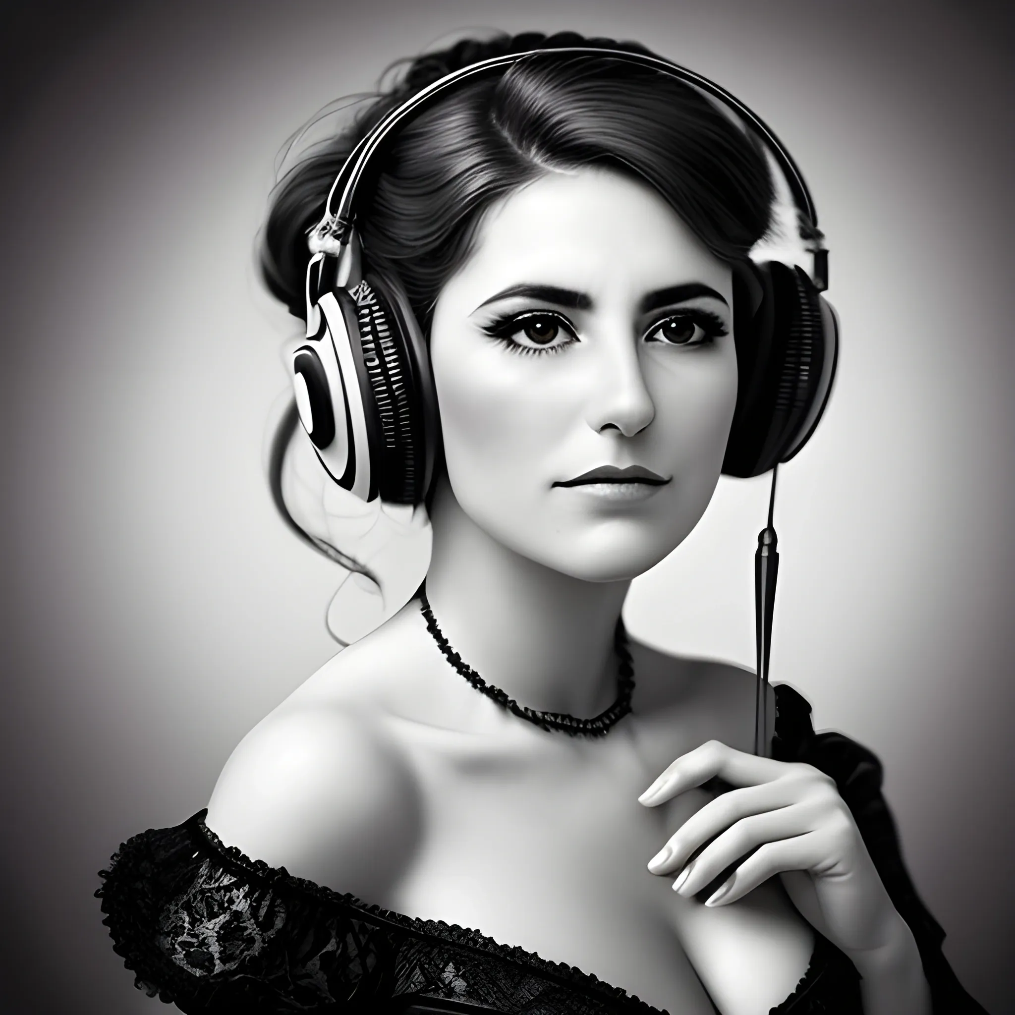 Retrato de mujer hermosa escuchando musica en un fonografo antiguo en los años 20, traje de coctel, muy sexy, solemne y elegante, fotografía profesional.