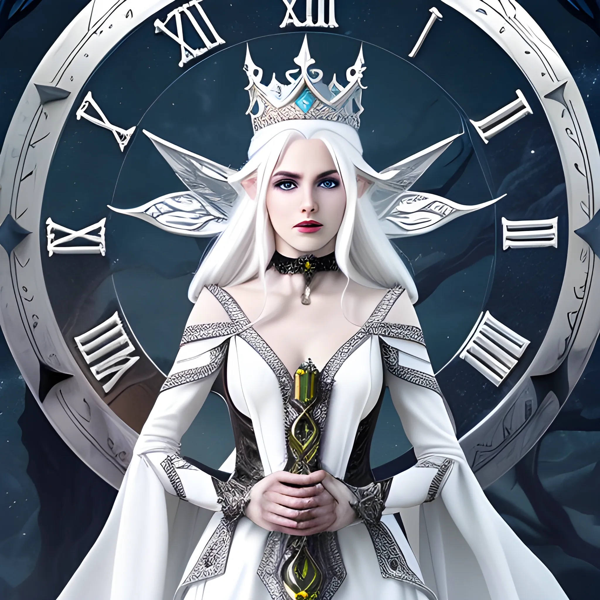 White haired queen Elf witch who can control time and life and death. Fantasty