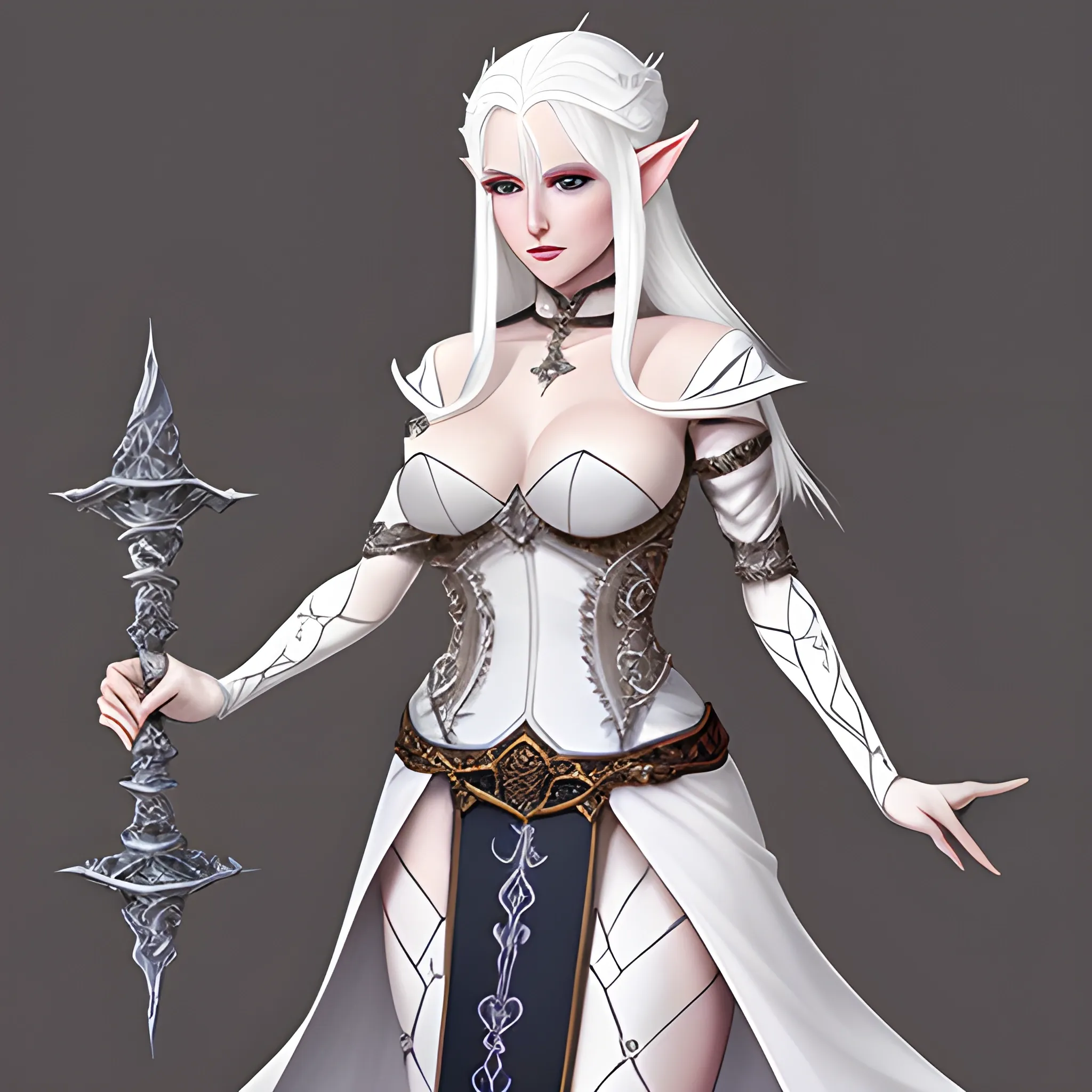 Seductive White haired queen Elf witch who can control time and life and death. Fantasy RPG Art Style