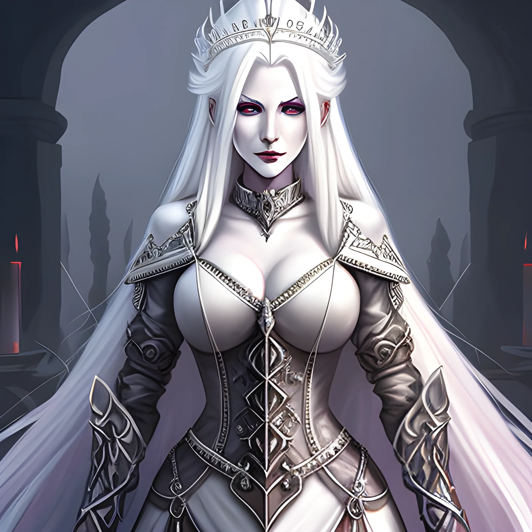 Seductive White haired queen who can control life and death. Fantasy RPG Art Style