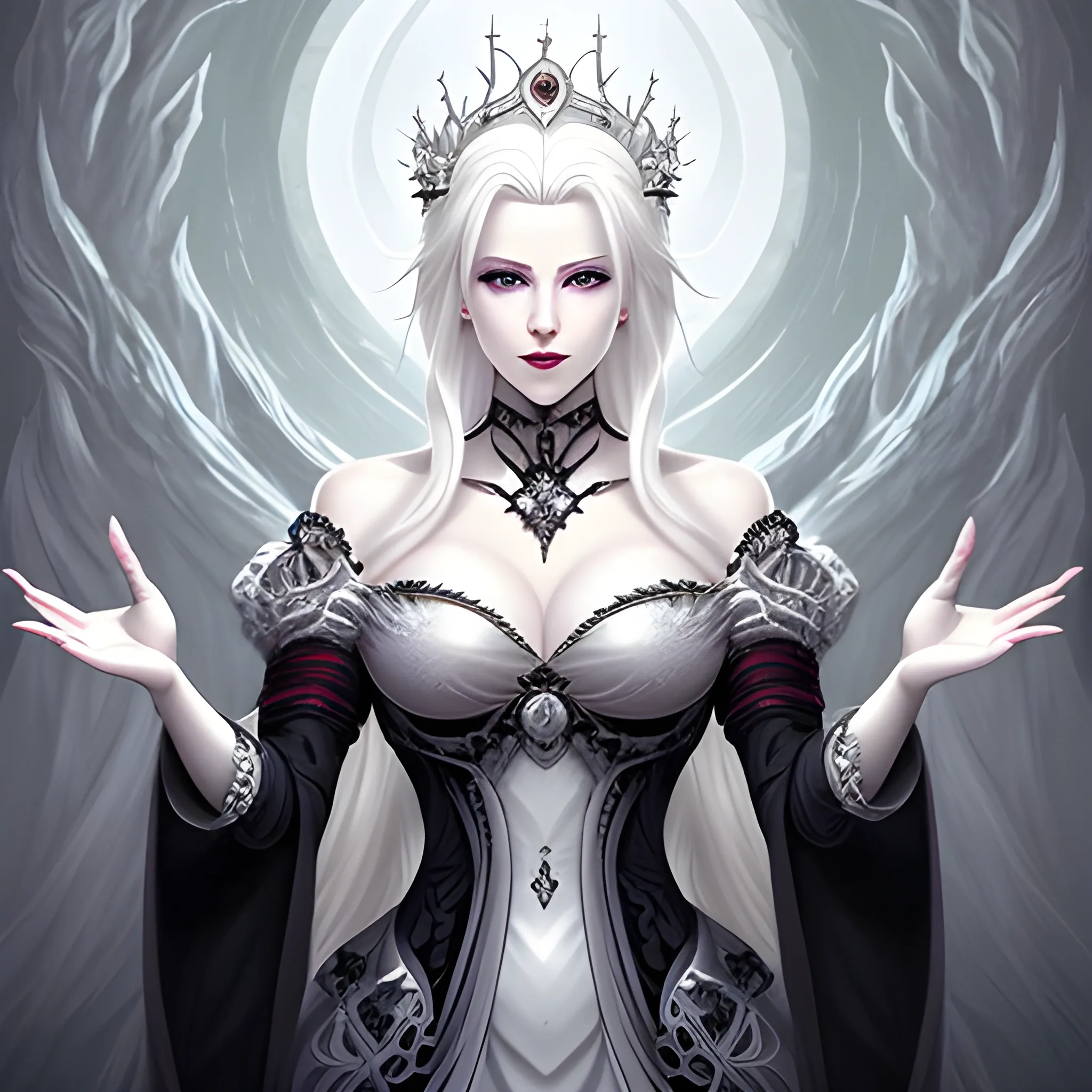 Seductive White haired queen who can control life and death with a wave of her hand. Fantasy sexy art style