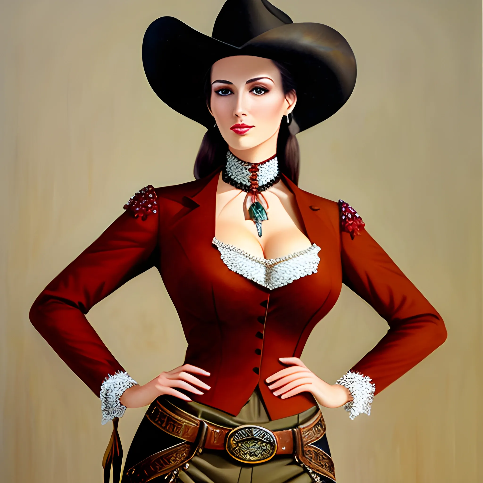 A beautiful western cowgirl, exquisite clothing and accessories, full body shot, professional photography, Oil Painting