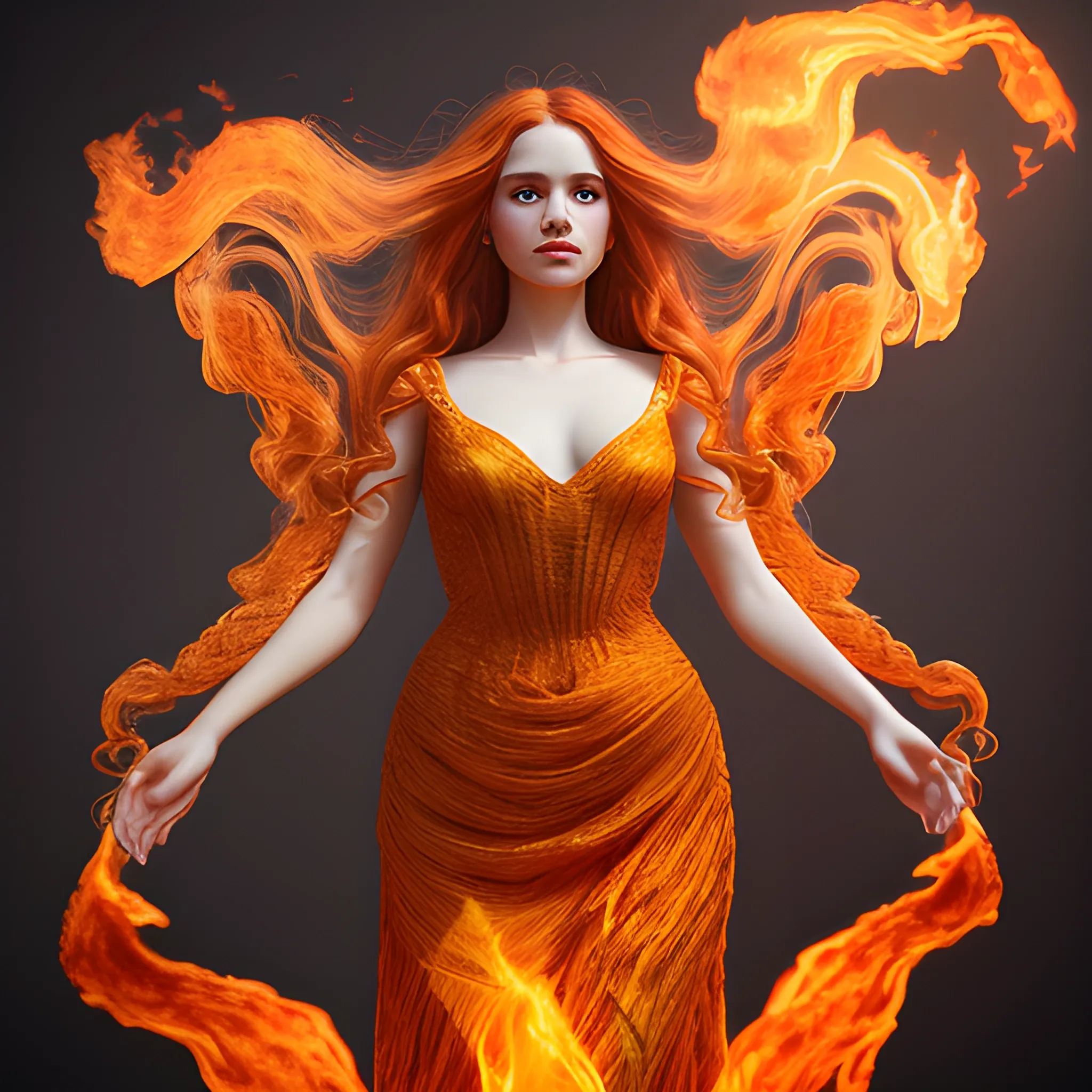 Photographic quality.
Charming, a woman floating in the air, woven from fire. in a luxurious, fiery dress. with charming, long hair. super realistic. deep detail. volumetric light. super 4k quality. elaborate light, shadows, reflections and highlights.
, Trippy, 3D