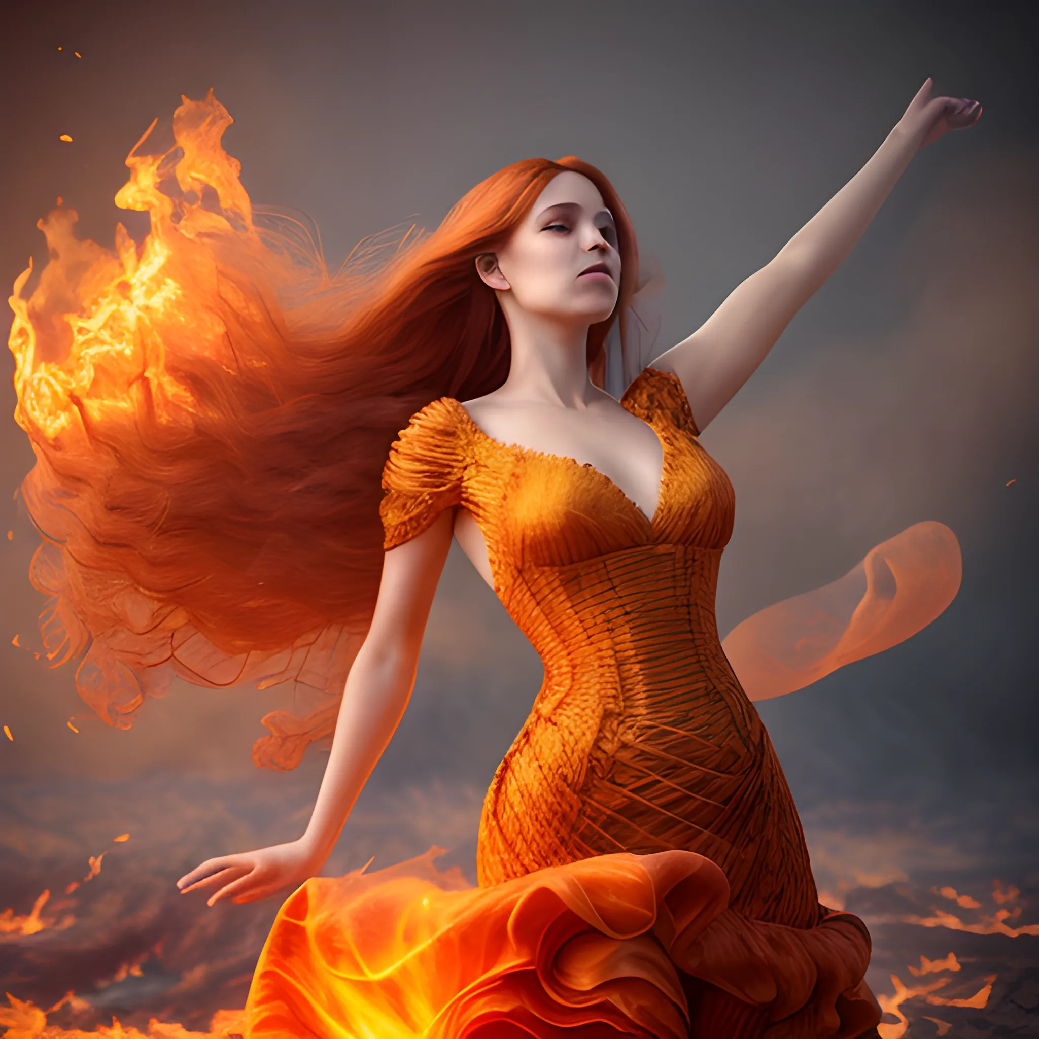 Photographic quality.
Charming, a woman floating in the air, woven from fire. in a luxurious, fiery dress. with charming, long hair. super realistic. deep detail. volumetric light. super 4k quality. elaborate light, shadows, reflections and highlights.
3D