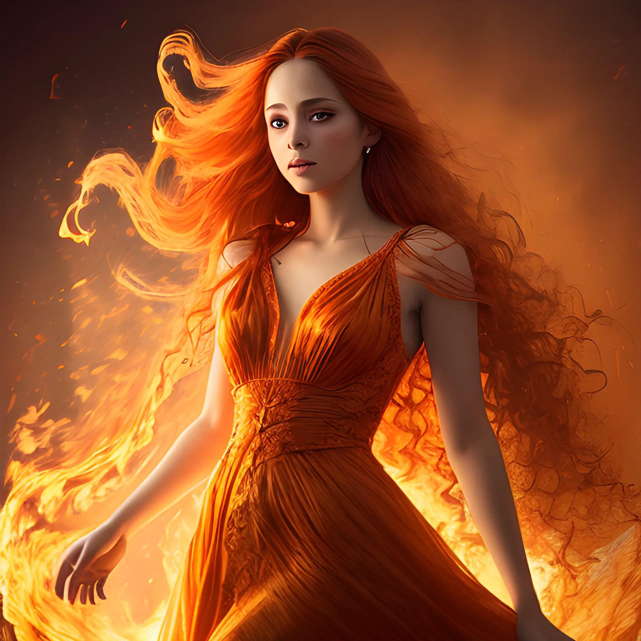 Photographic quality.
Charming, a woman floating in the air, woven from fire. in a luxurious, fiery dress. with charming, long hair. super realistic. deep detail. volumetric light. super 4k quality. elaborate light, shadows, reflections and highlights.
, Water Color