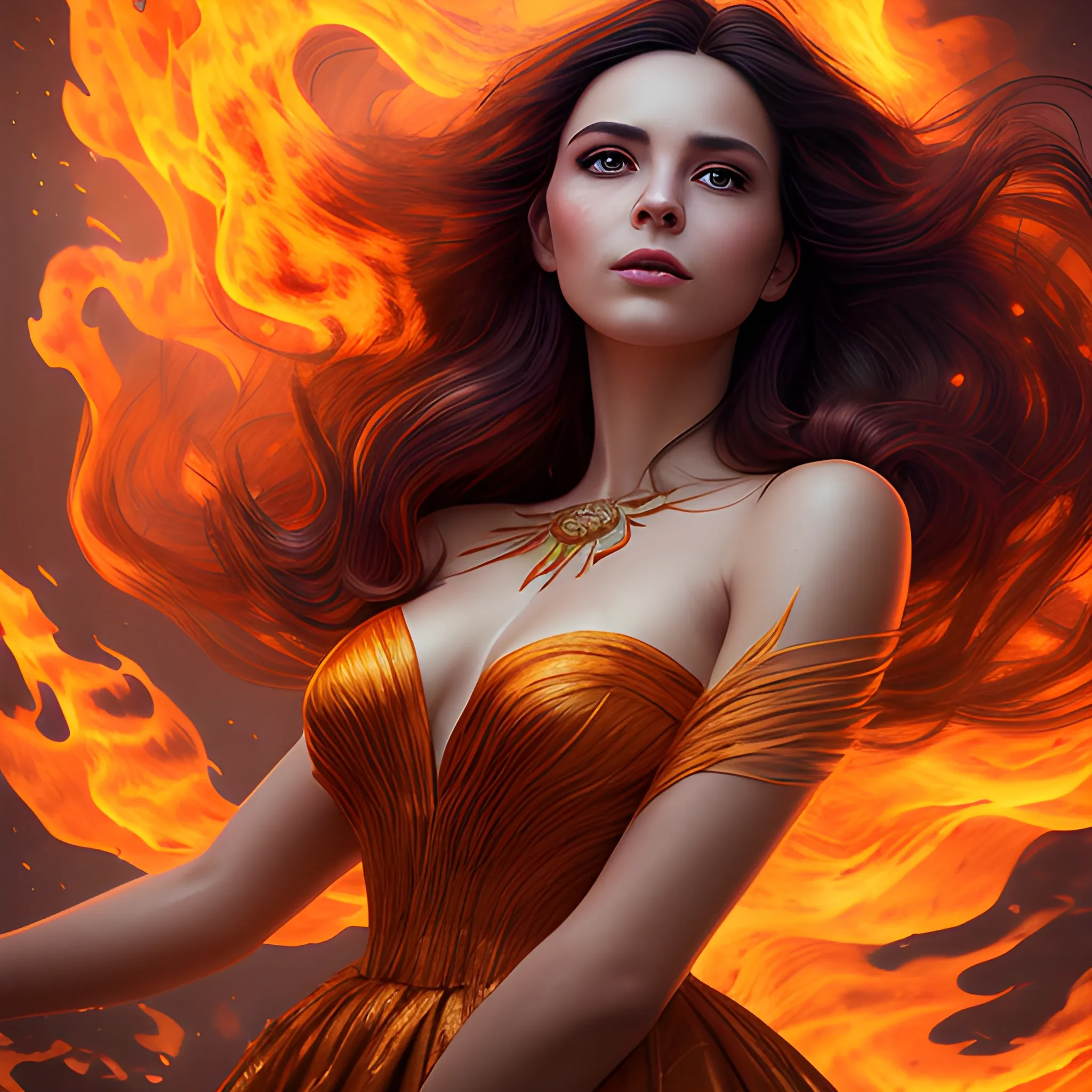 Photographic quality.
Charming, a woman floating in the air, woven from fire. in a luxurious, fiery dress. with charming, long, dark hair. Super realistic. Deep detail. volumetric light. super 4k quality. elaborate light, shadows, reflections and highlights., Cartoon