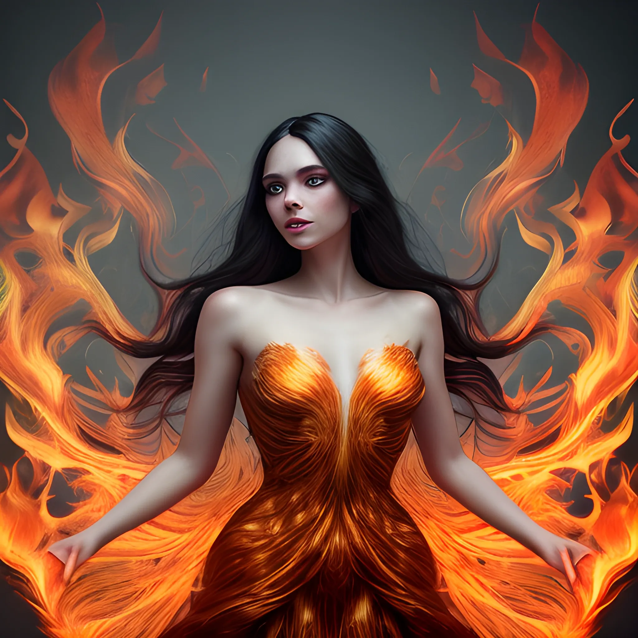 Photographic quality.
Very charming, a woman floating in the air, woven from fiery streams. In a luxurious, flaming dress. with charming, long, dark hair. Super realistic. Deep detail. volumetric light. super 4k quality. elaborate light, shadows, reflections and highlights., Trippy