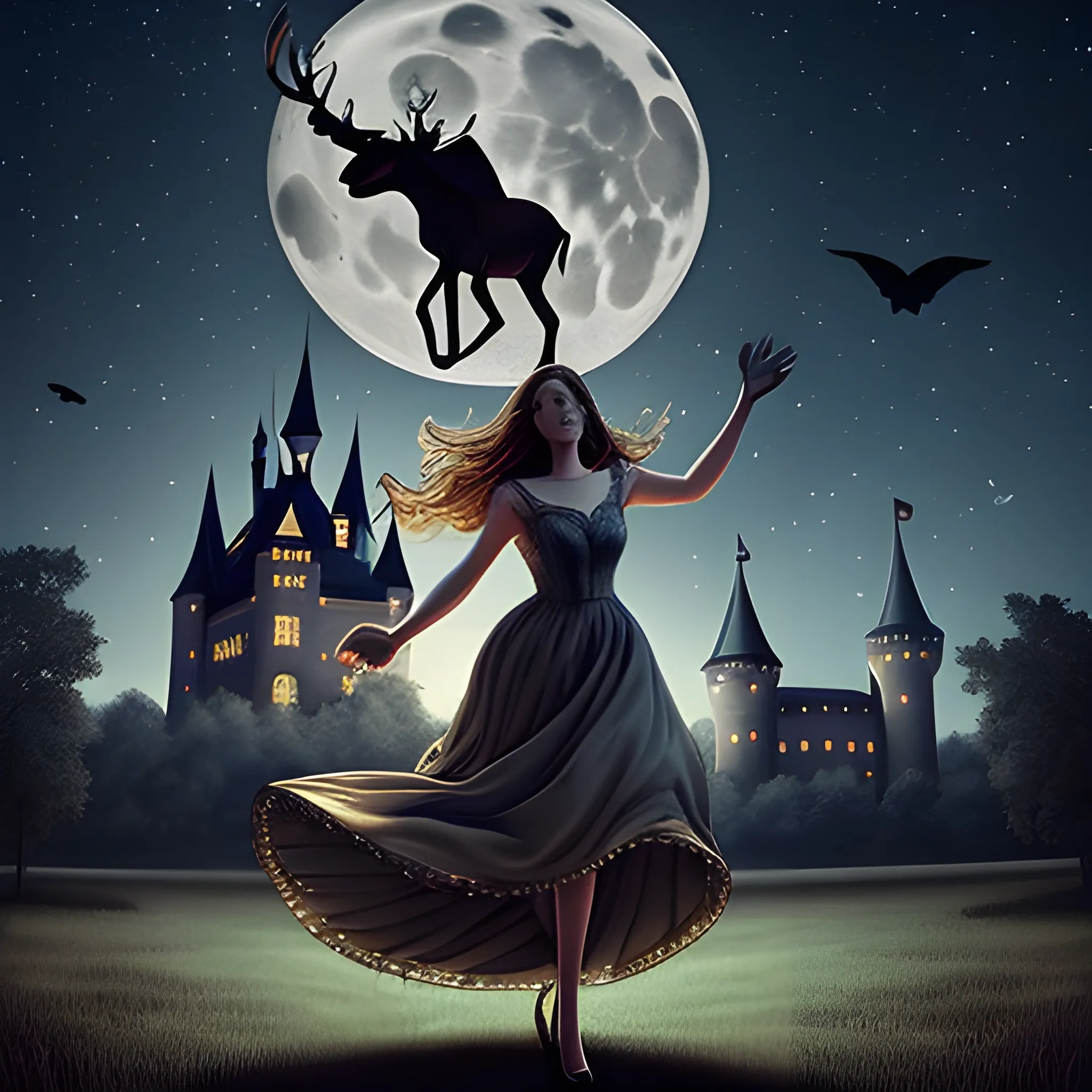 A woman in a dress flying in a dark deer in the moonlight, with a big castle in the background, beautiful face