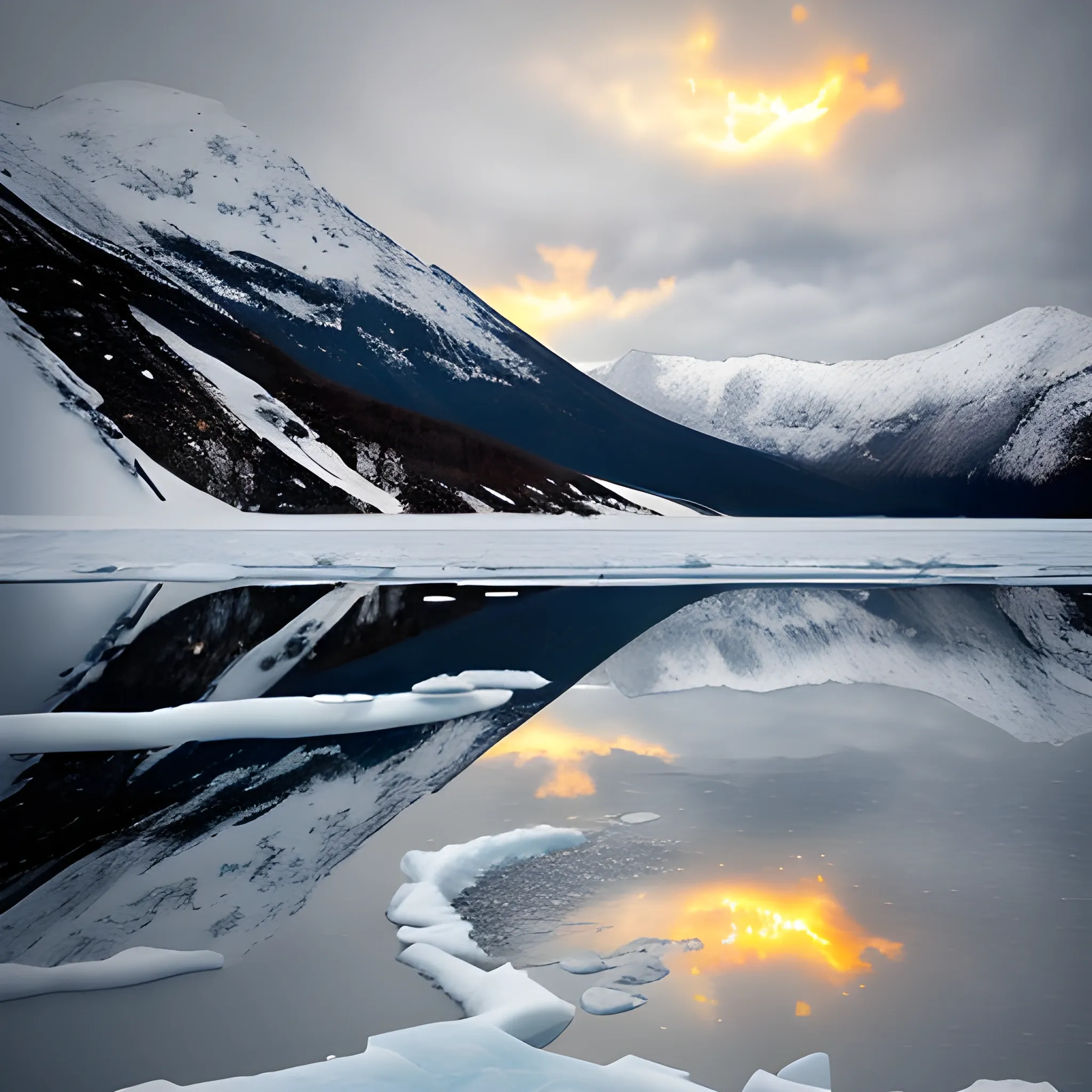 Shiny winter lake at foot of mountains. holes in the icy surface, fire places at the shore. grey skies. fire.