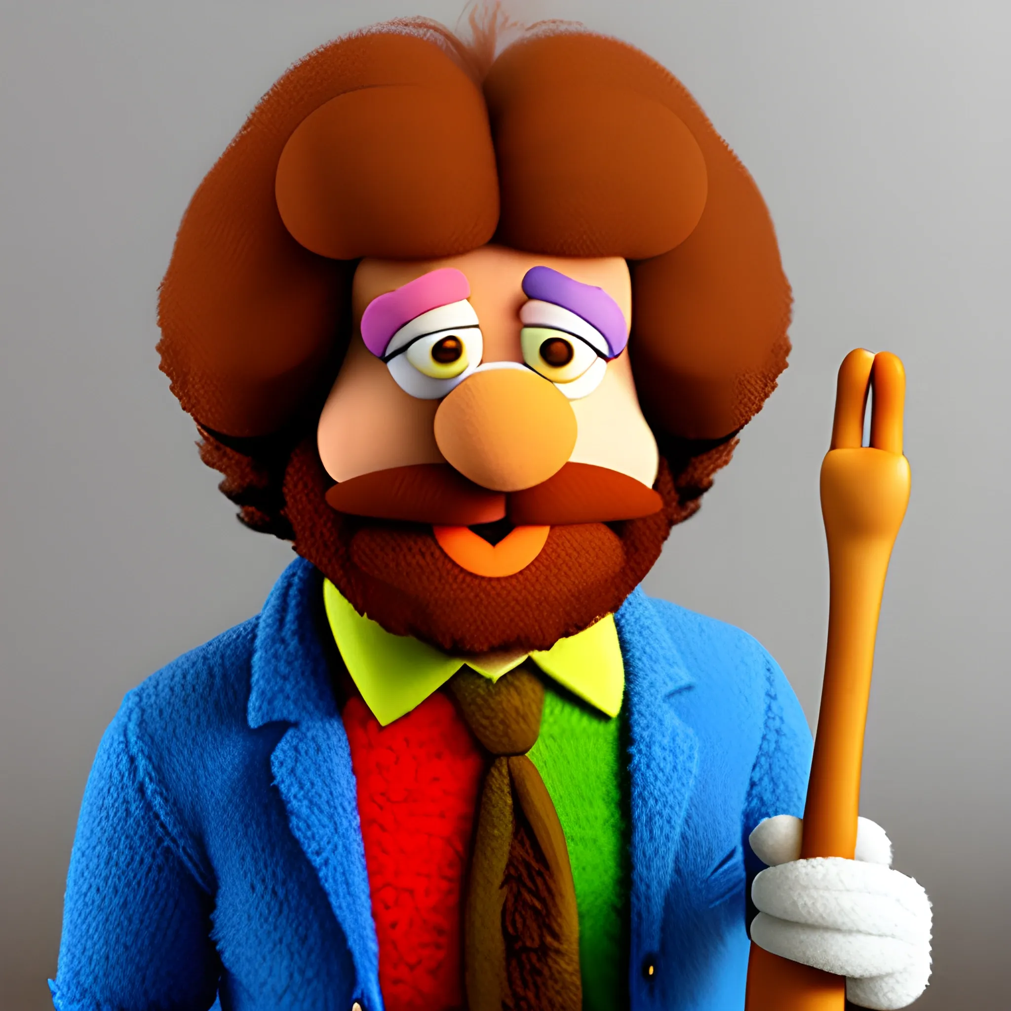 Bob Ross, cartoon , muppet, furry, yarn, 3D
