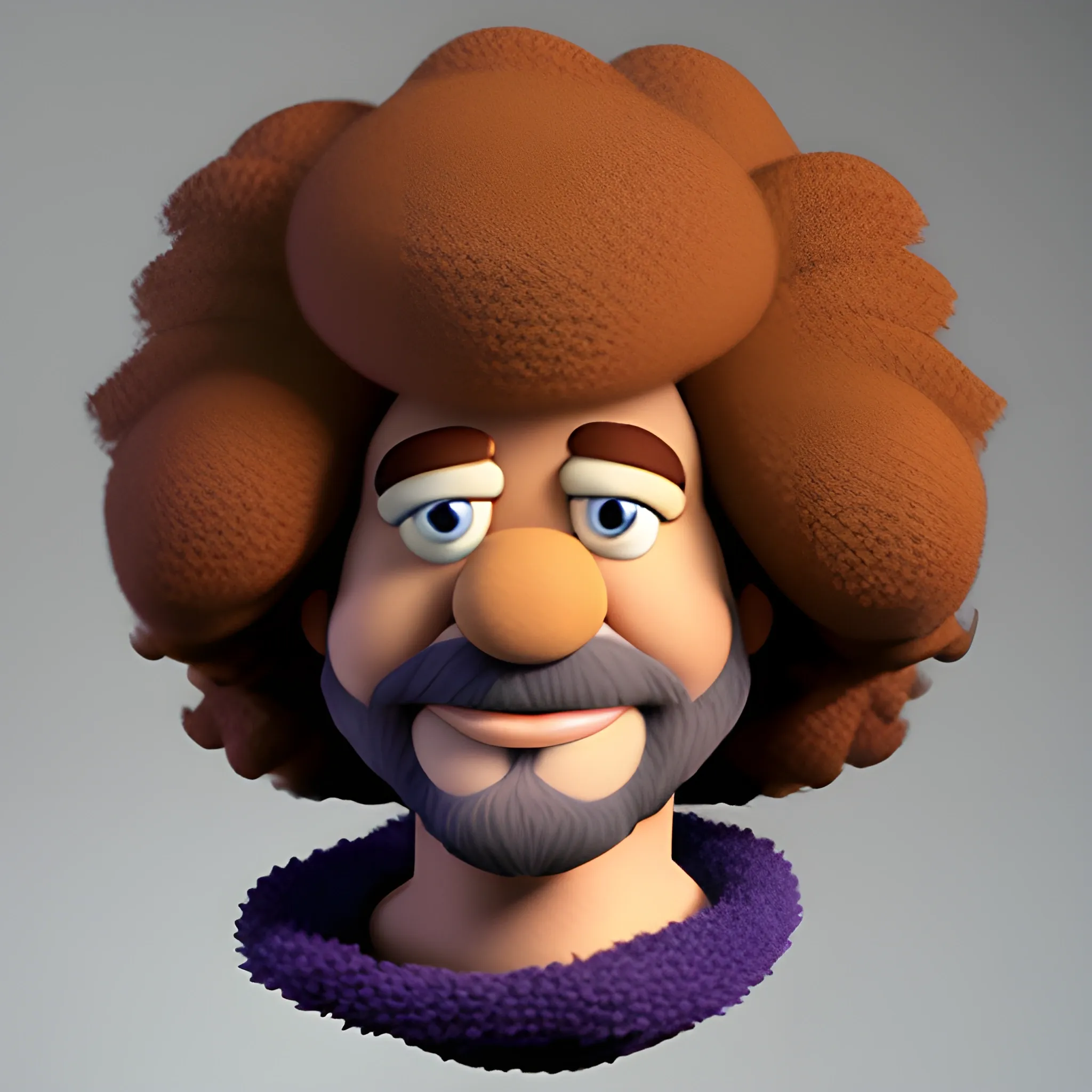 Bob Ross, cartoon , muppet, furry, yarn, 3D
, hair