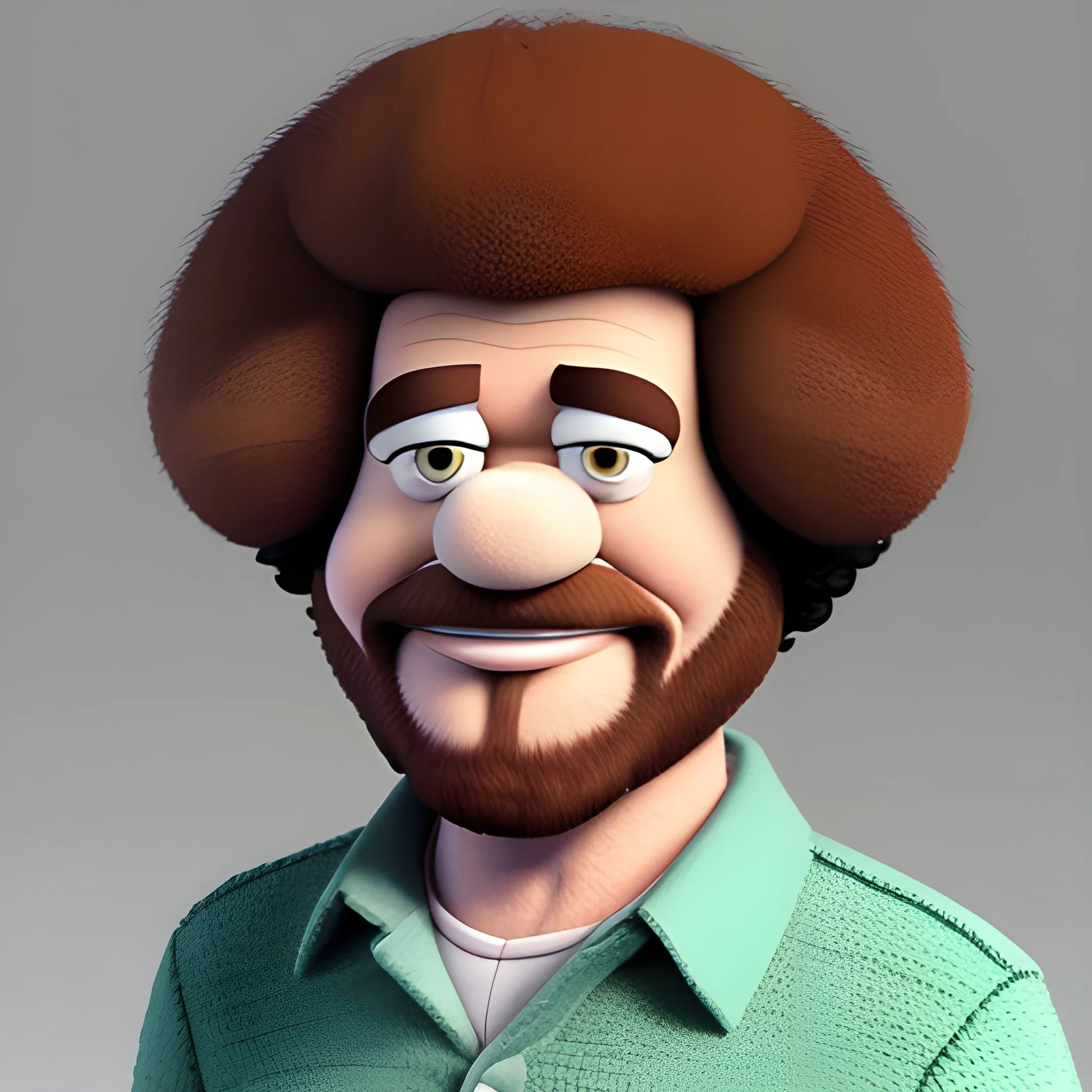 Bob Ross, cartoon , muppet, furry, yarn, 3D
, hair, realistic, hairy