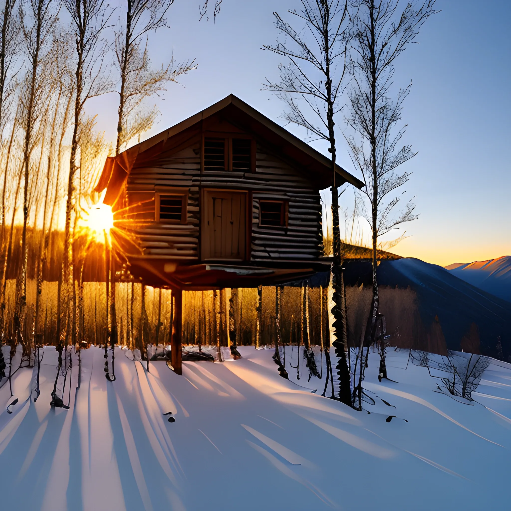 Clearing in the mountains. Winter. Birch trees. Wooden hut. Lots of trees. Sunrise.