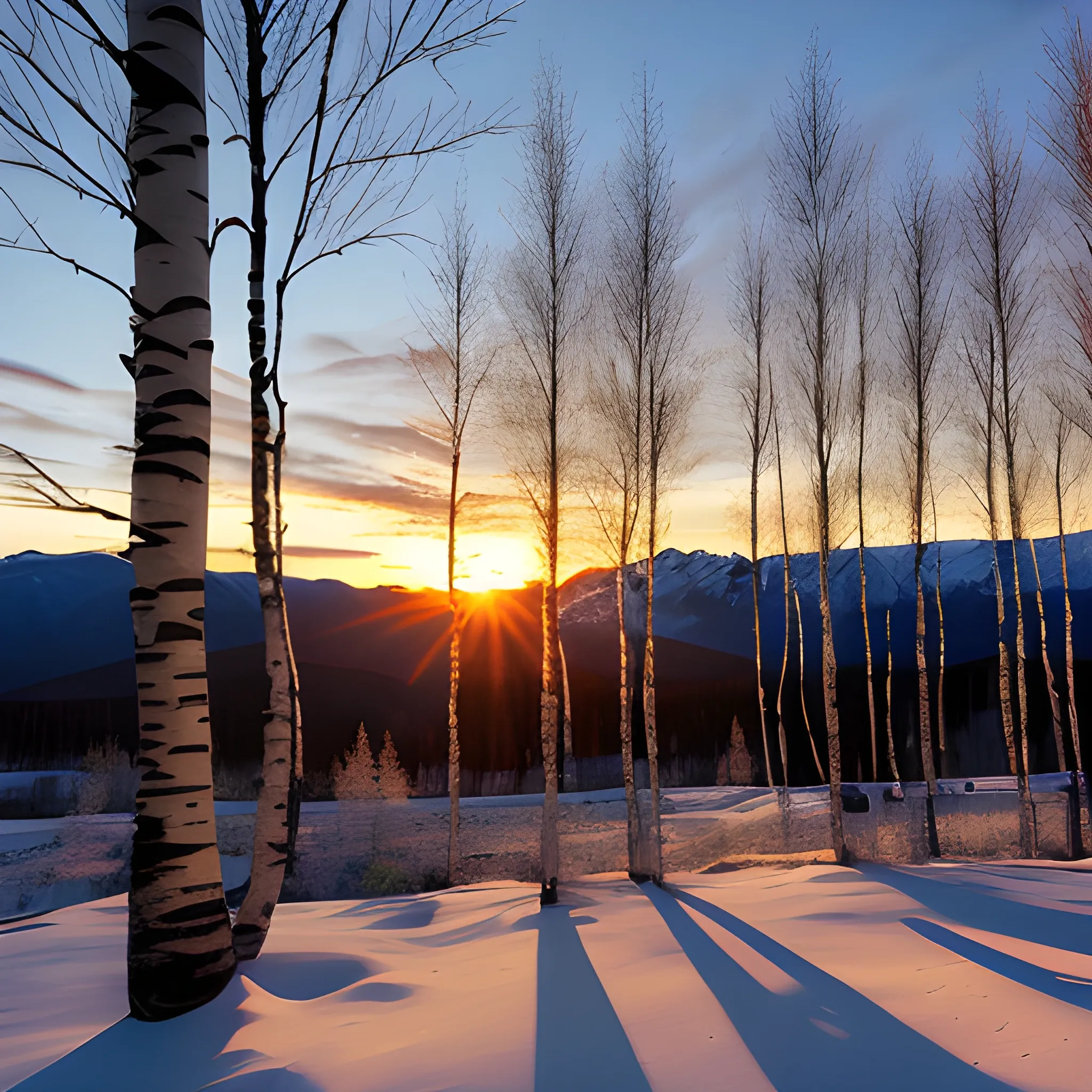 Clearing in the mountains. Winter. Birch trees. Wooden hut. Lots of trees. Sunrise.