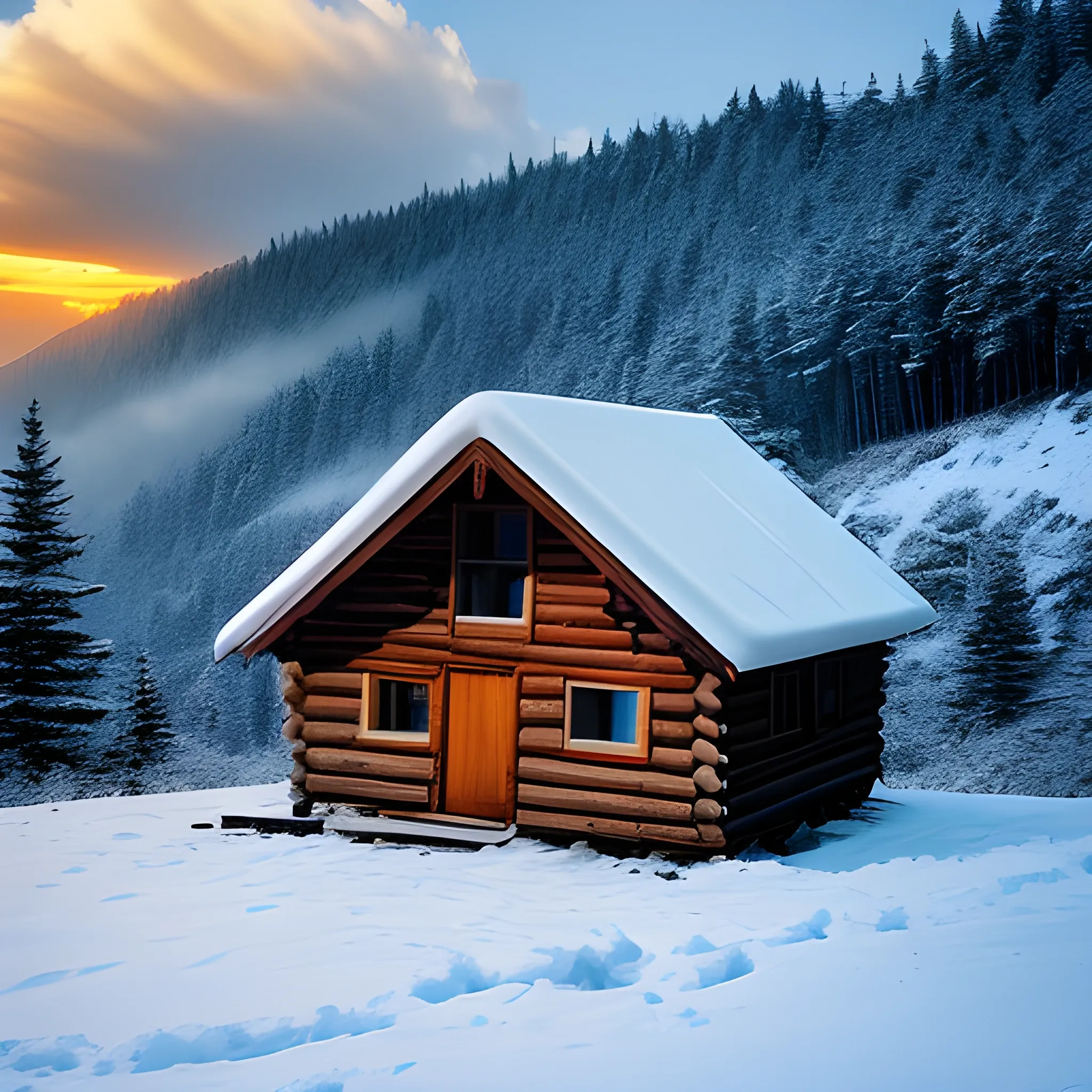 Clearing in the mountains. Winter.  trees. Wooden hut. Sunrise. eagle,