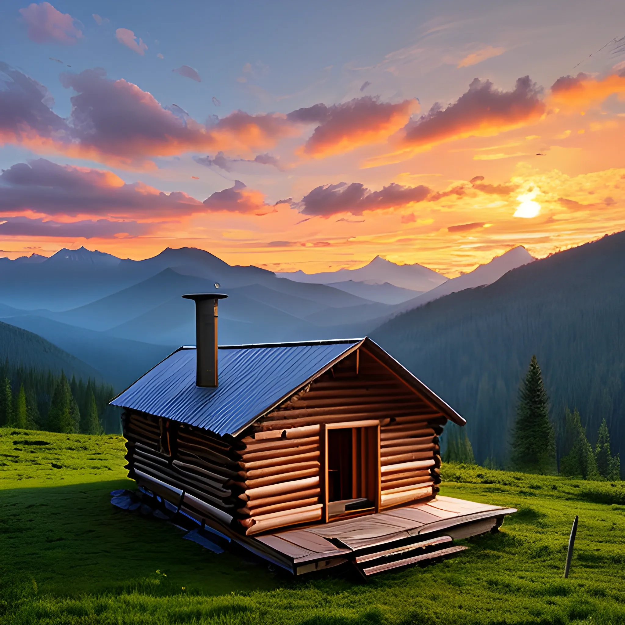 Clearing in the mountains. summer.  trees. Wooden hut. Sunrise. eagle,