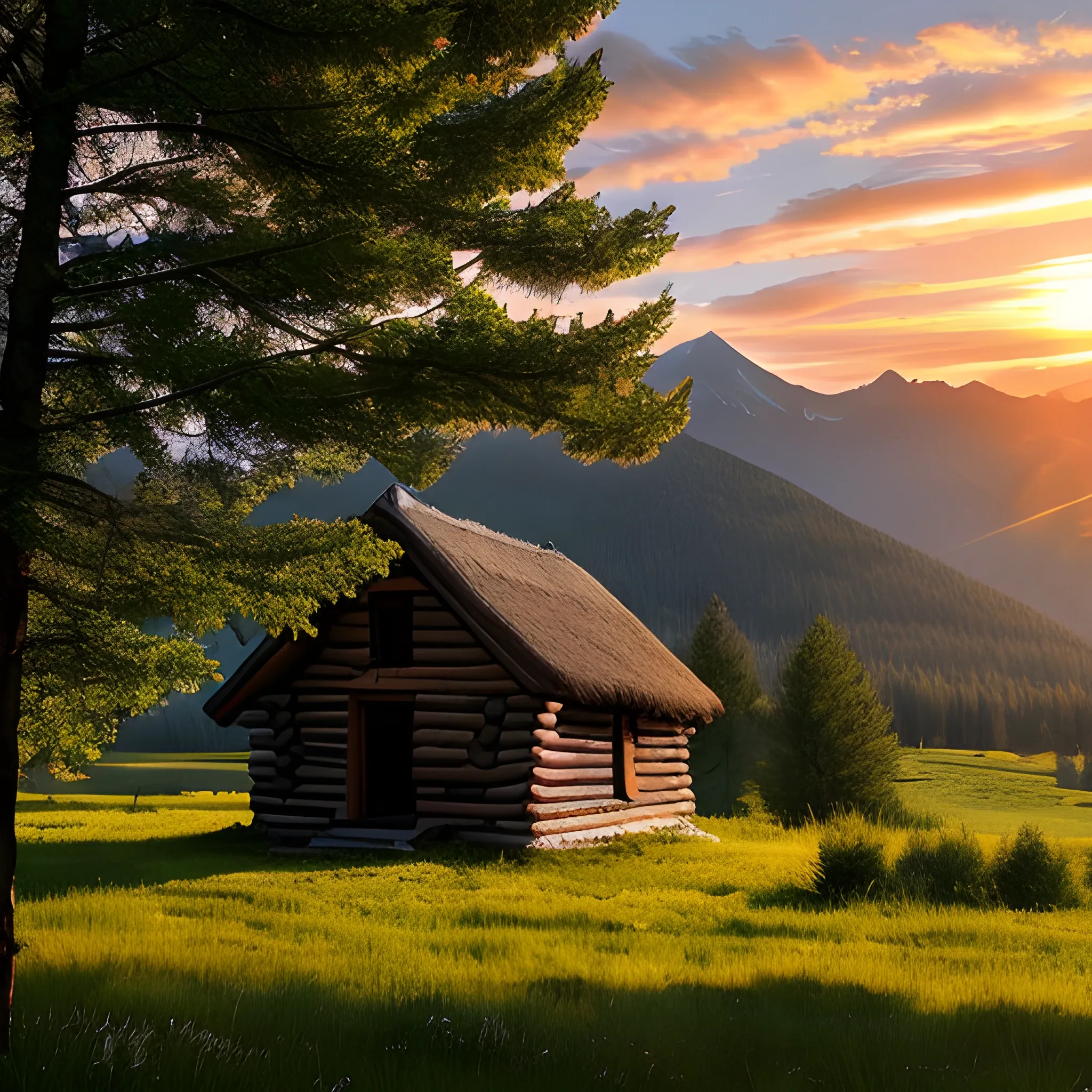 Clearing in the mountains. summer.  trees. Wooden medieval hut. Sunrise. eagle,