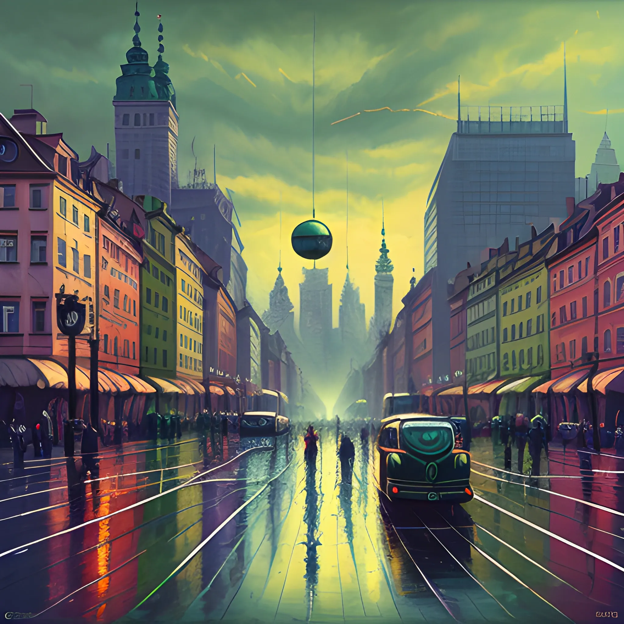 Warsaw city, color ball, sinister art by Grag Rutkowski, chaotic city landscape, dark green summer palette, Oil Painting, Trippy, 3D