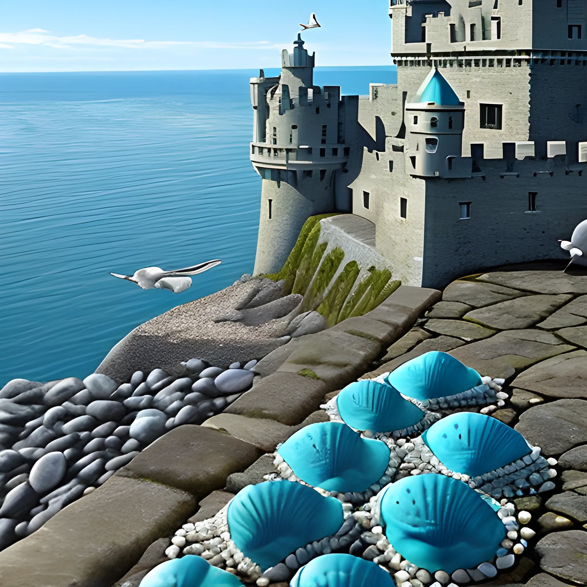 stone fortress high above the ocean. shell ornaments.  blue armour.  maritime nation. seagulls. huge city down below. medieval.