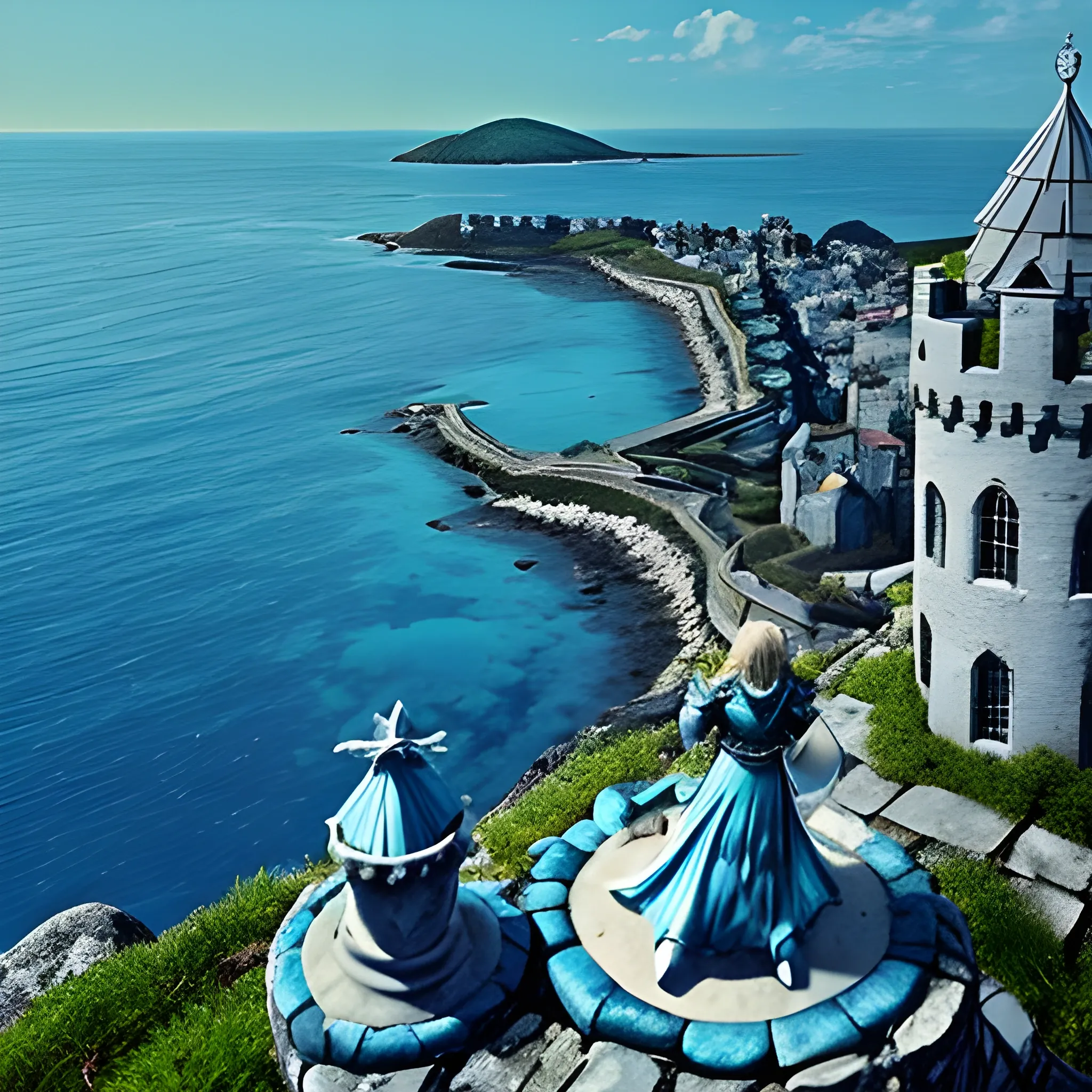 stone fortress high above the ocean. shell ornaments.  blue armour.  maritime nation. seagulls. huge city down below. medieval., Trippy