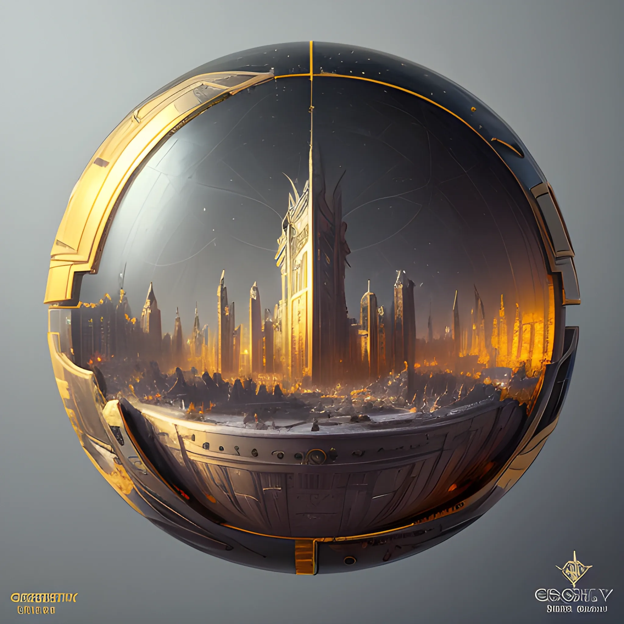 postapocaliptic city, color ball, sinister art by Grag Rutkowski, silver and gold winter palette,  3D